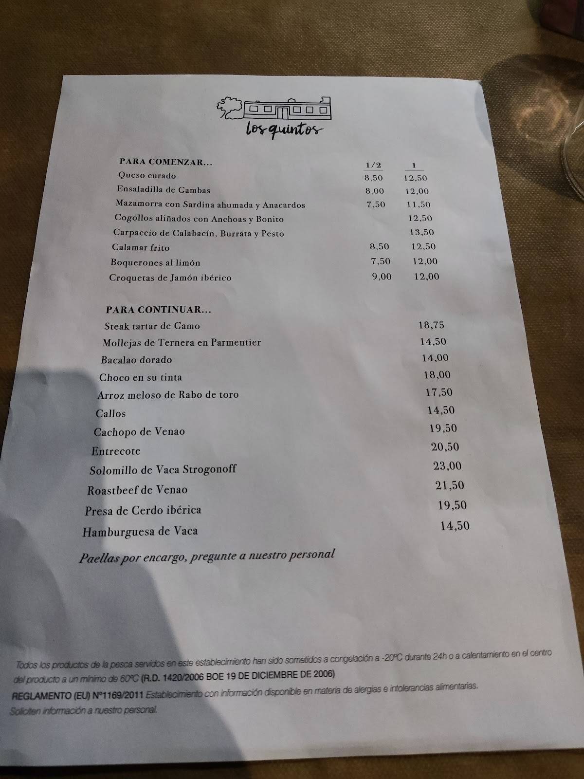 Carta de Restaurante Los Quintos, Córdoba