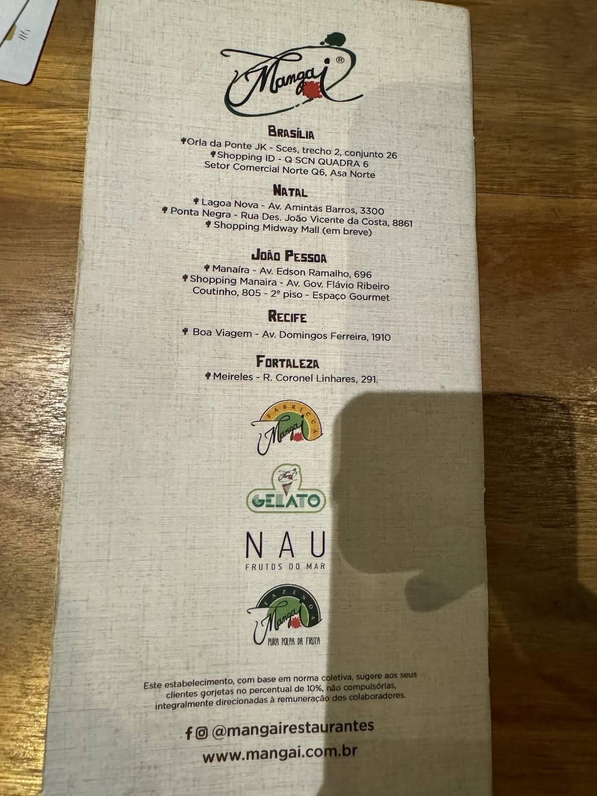 Restaurante Mangai - Brasília Shopping cardápio