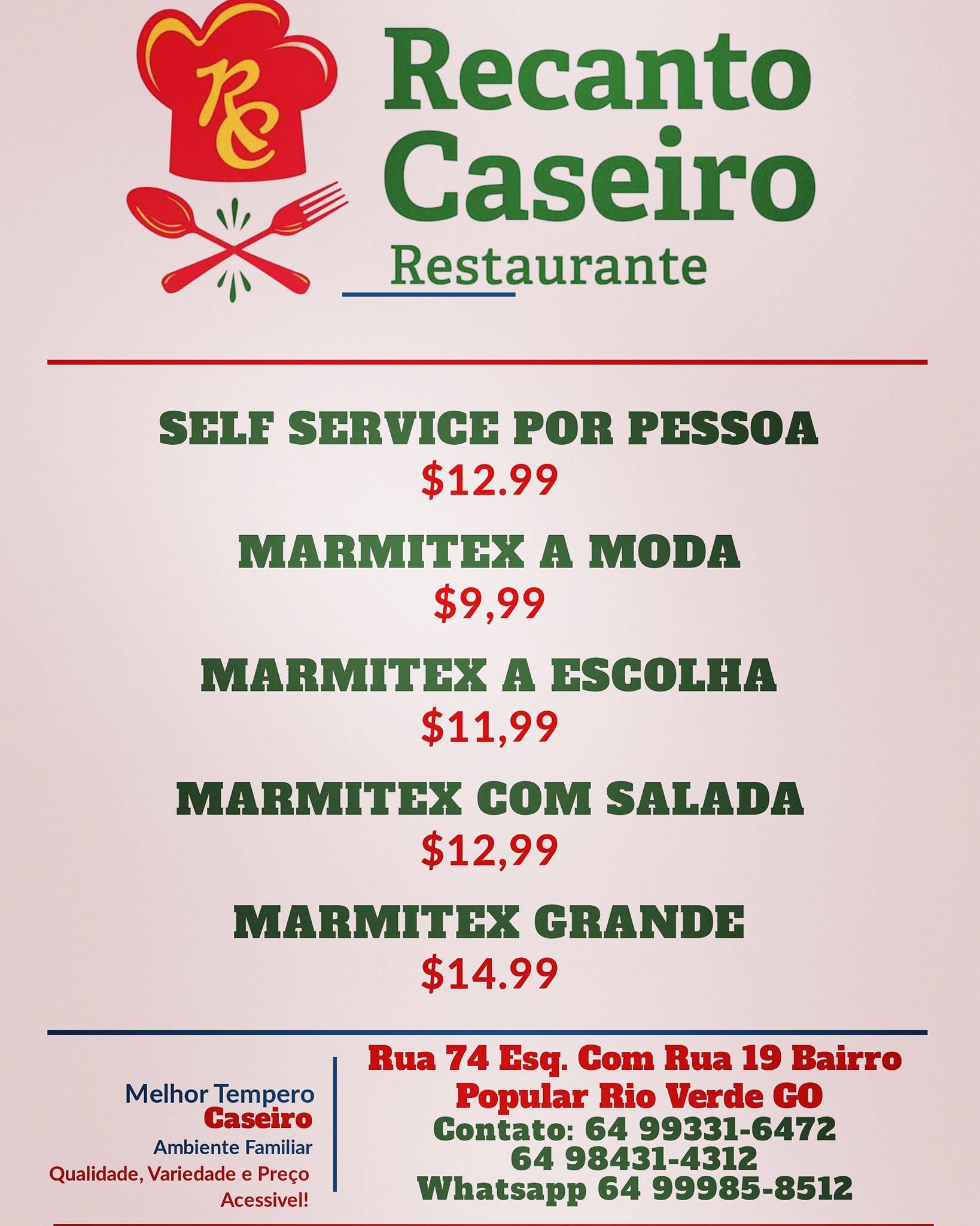 Restaurante Recanto Caseiro cardápio