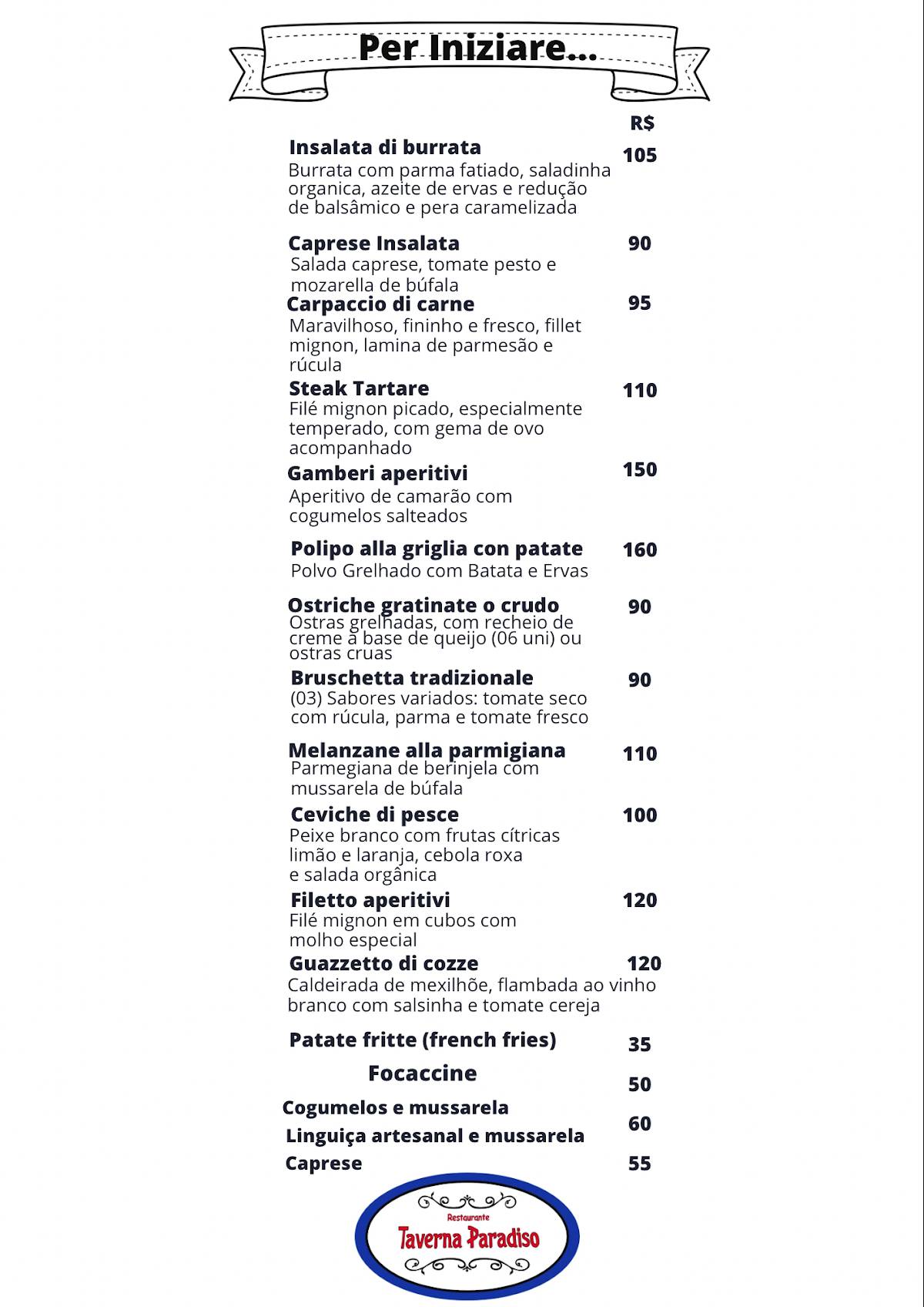 Restaurante Taverna Paradiso cardápio