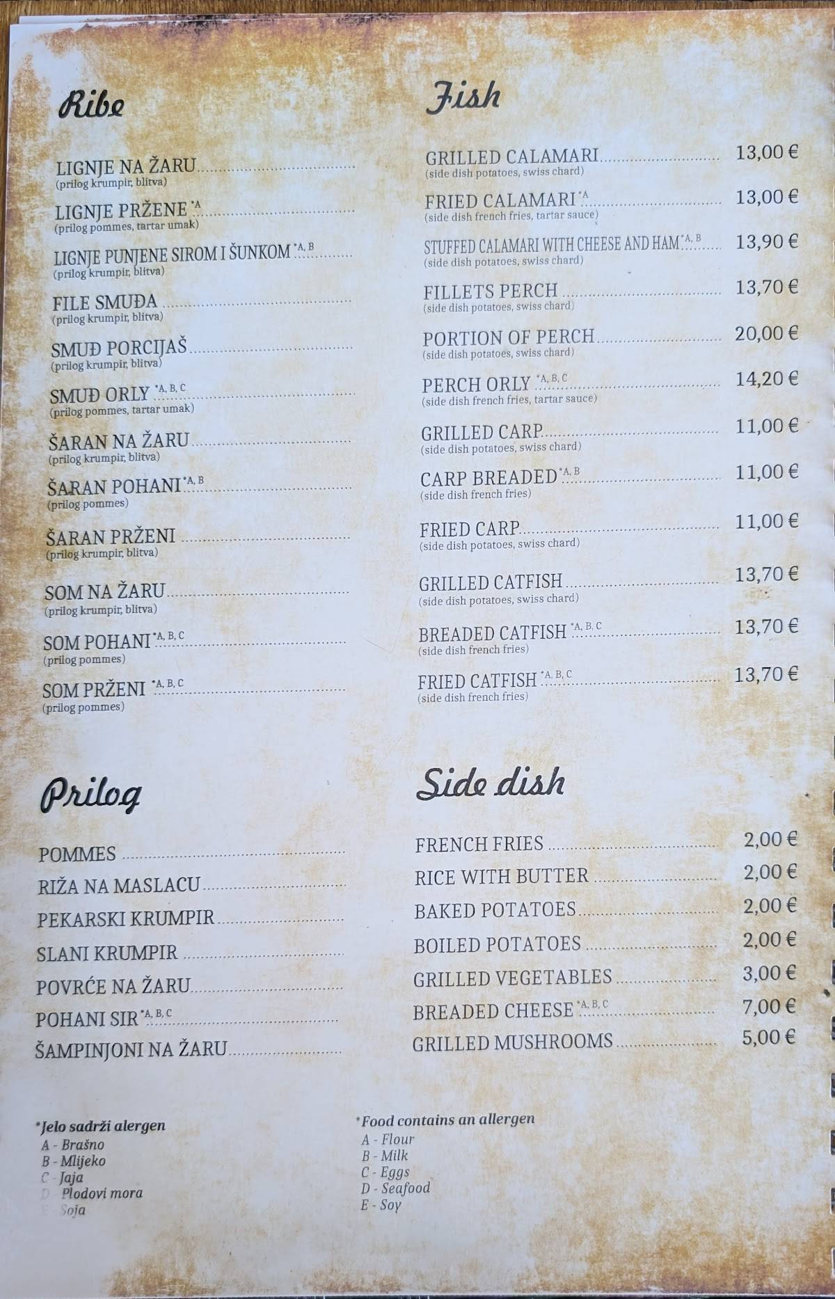 Menu di Restoran Stari Toranj 