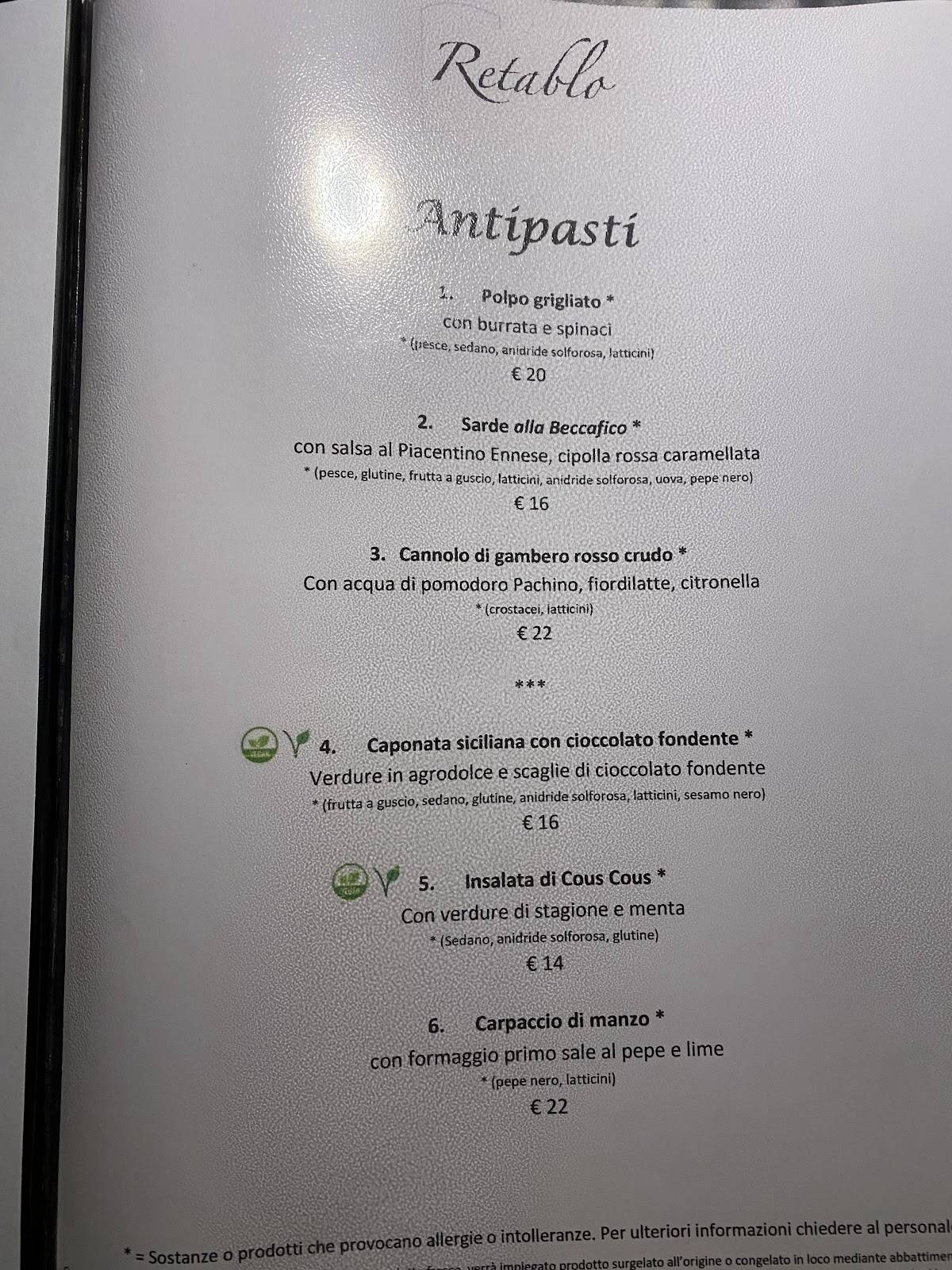 Menu di Retablo - Ristorante tipico Siciliano a Noto 