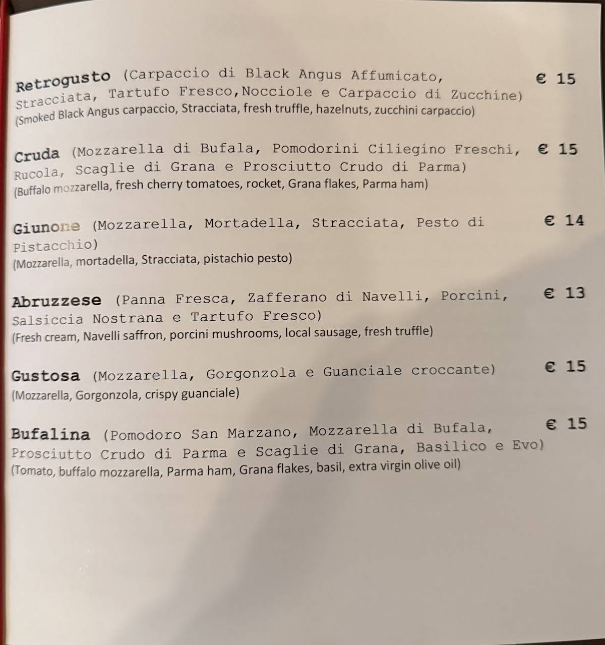 Menu di RétroGusto 