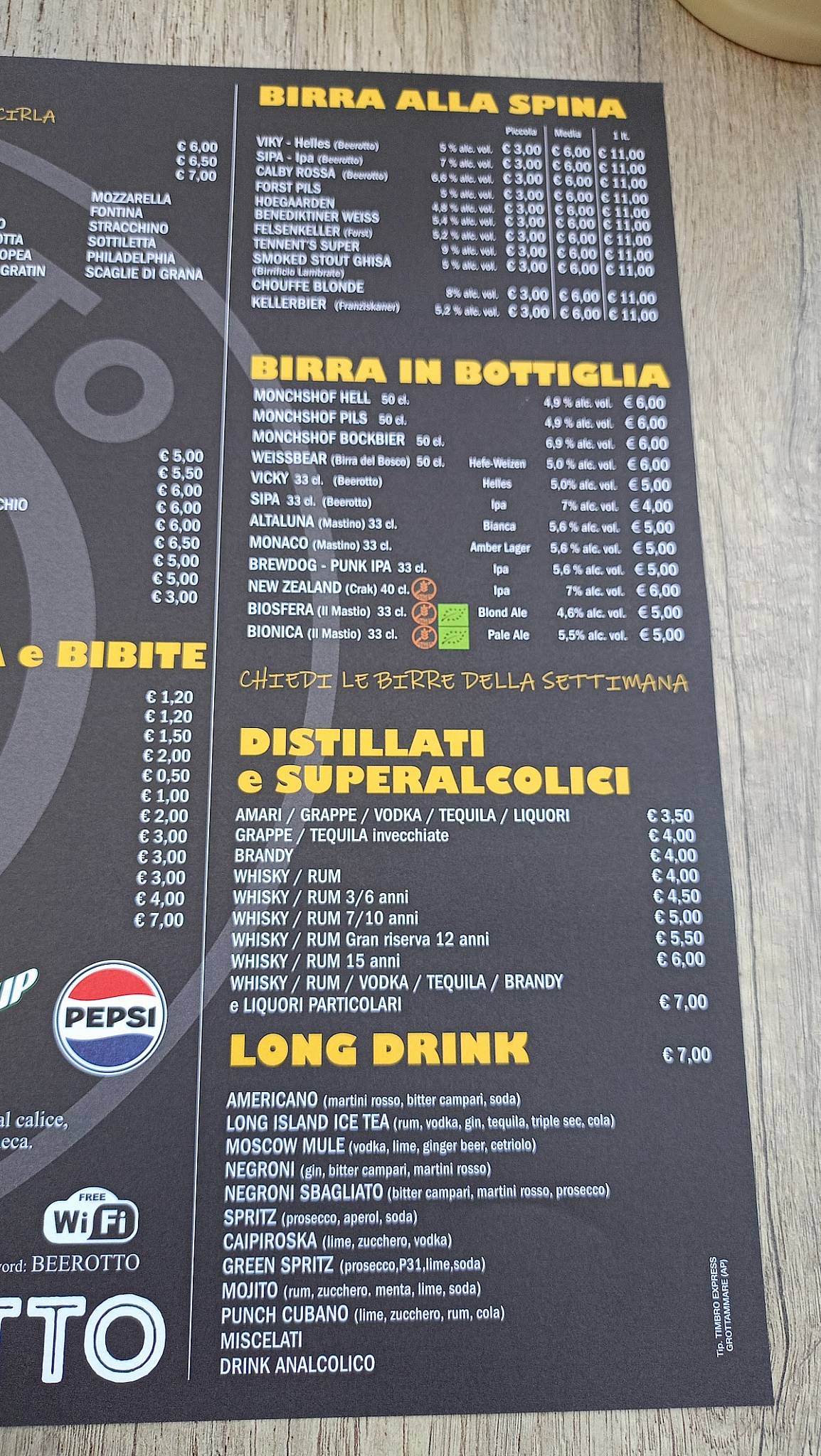 Menu di Beerotto Pizza e cucina 