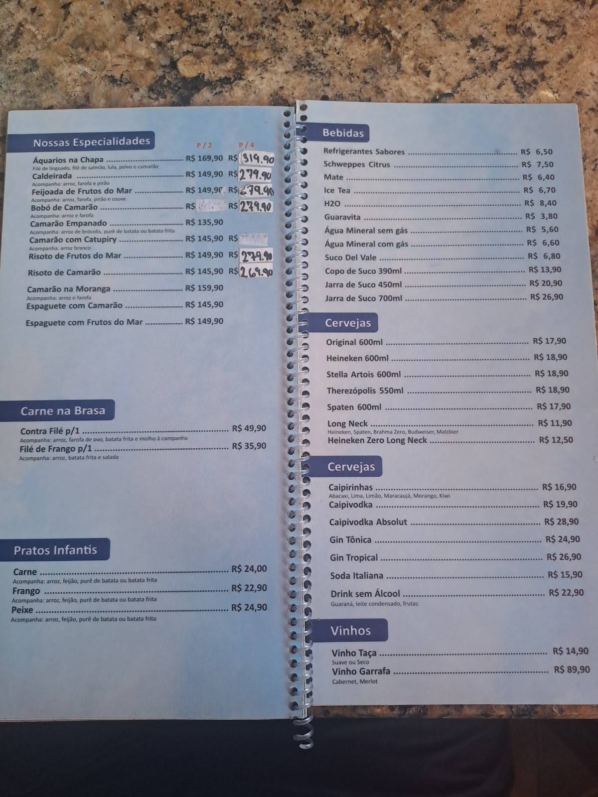 Restaurante Aquarios - Peixe na brasa e frutos do mar em Barra de Guaratiba. cardápio