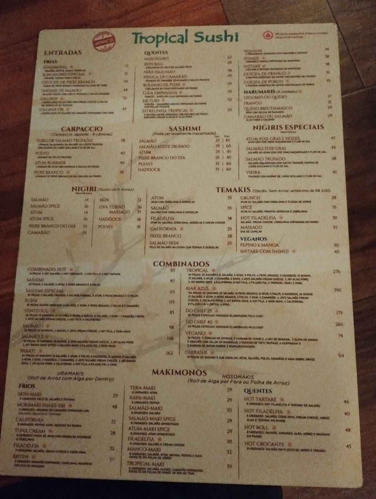 Tropical sushi cardápio