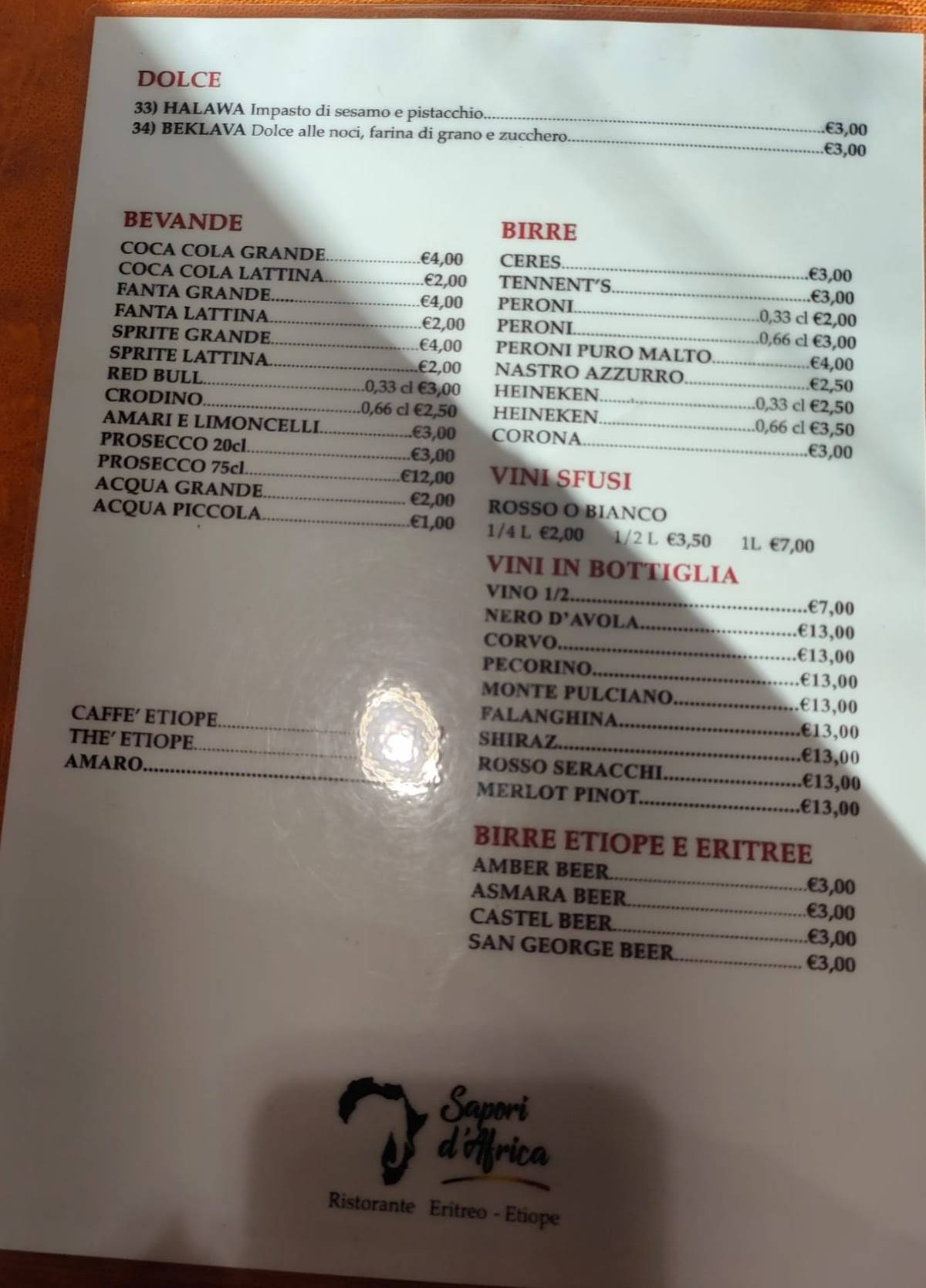 Menu de Ristorante Sapori D'Africa Il Pescatore Pizzeria