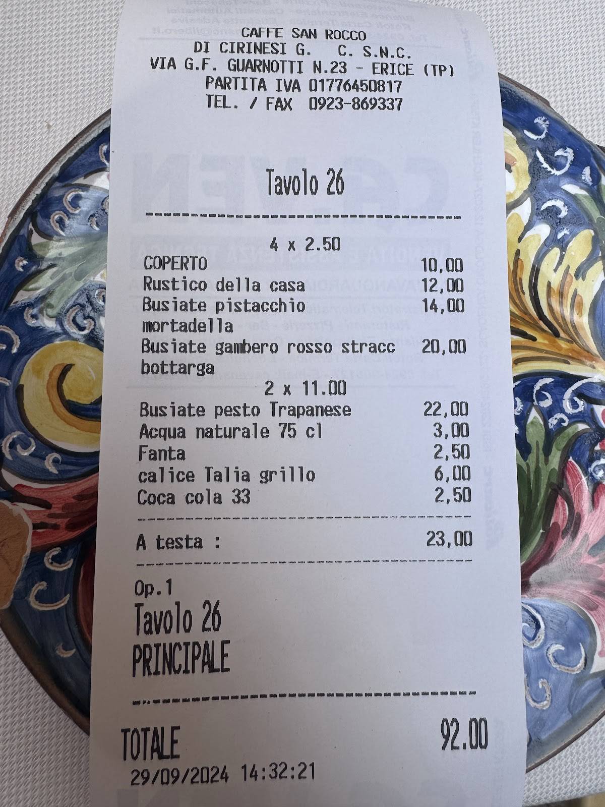 Menu di Ristorante Caffè San Rocco 