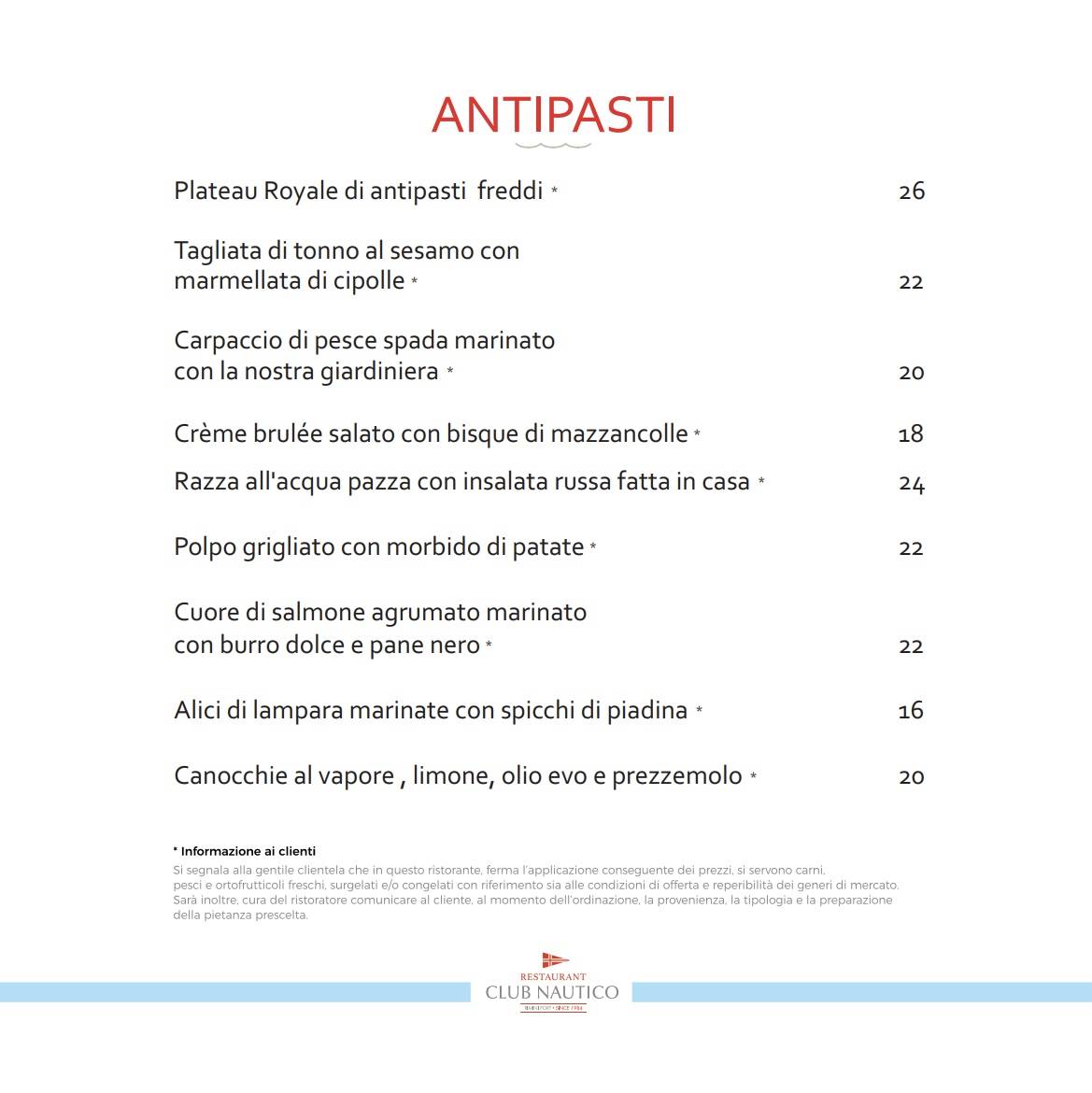 Menu di Ristorante Club Nautico Rimini 