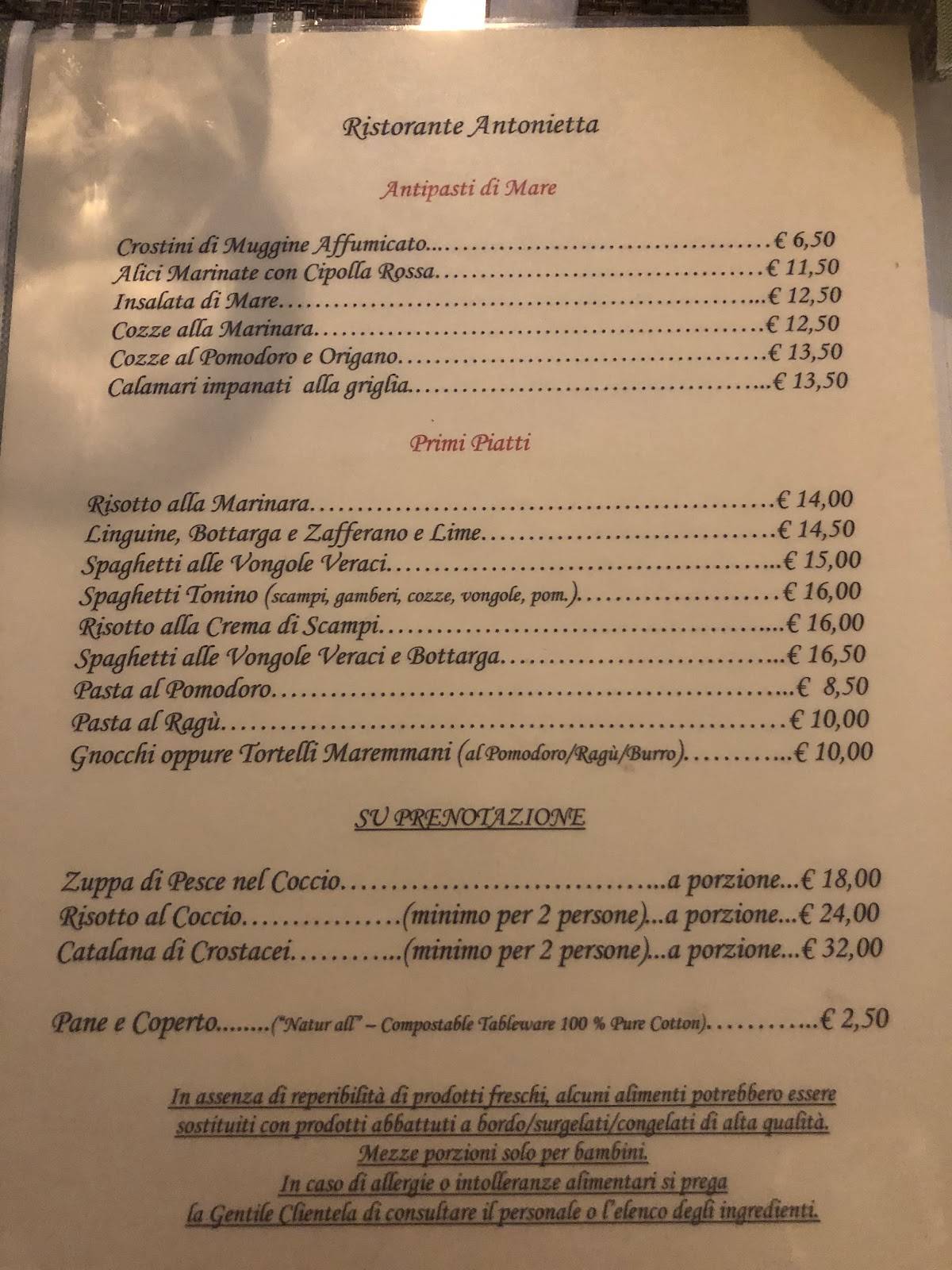 Menu di Ristorante Da Antonietta 