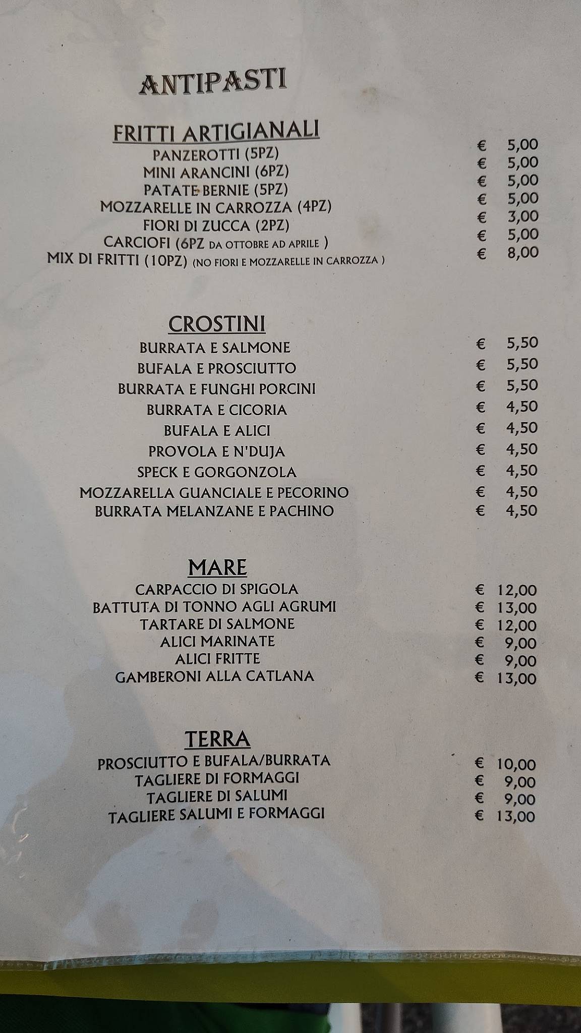 Menu di Ristorante Fornari 
