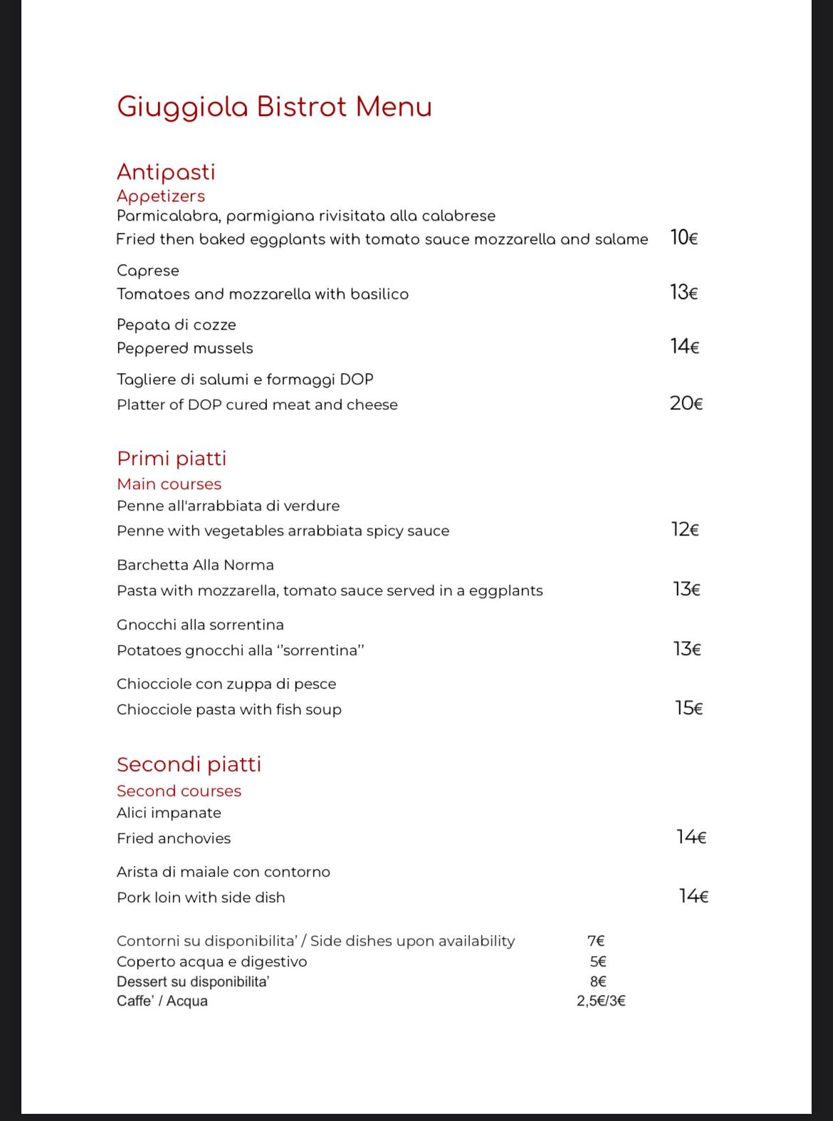 Menu di Giuggiola 