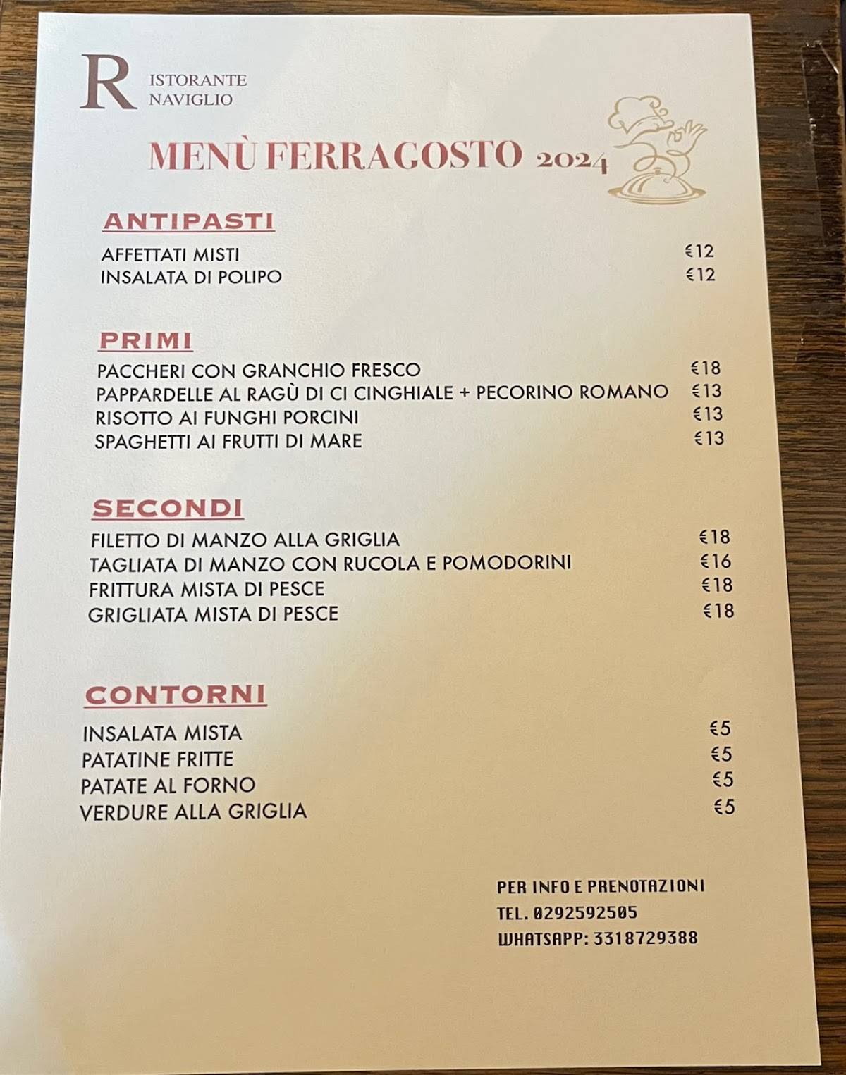 Menu di Ristorante Naviglio 