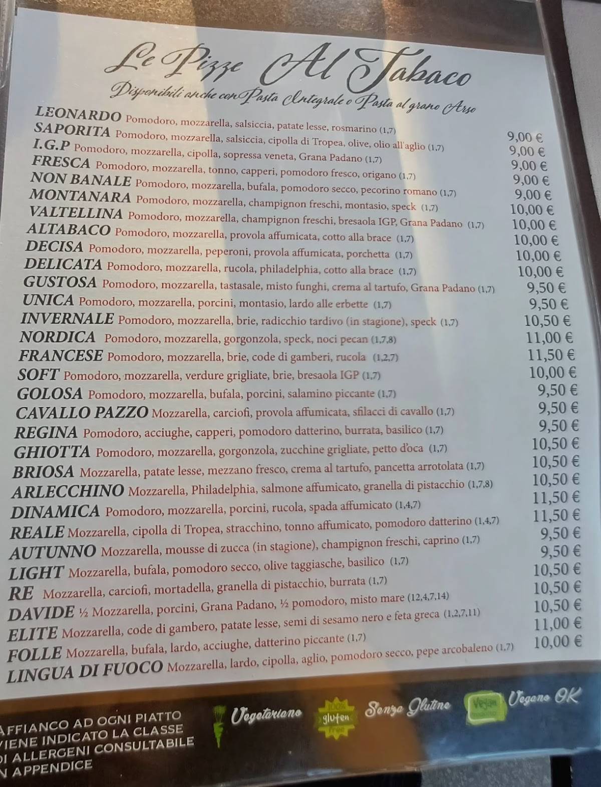 Menu di Ristorante Pizzeria al Tabaco 