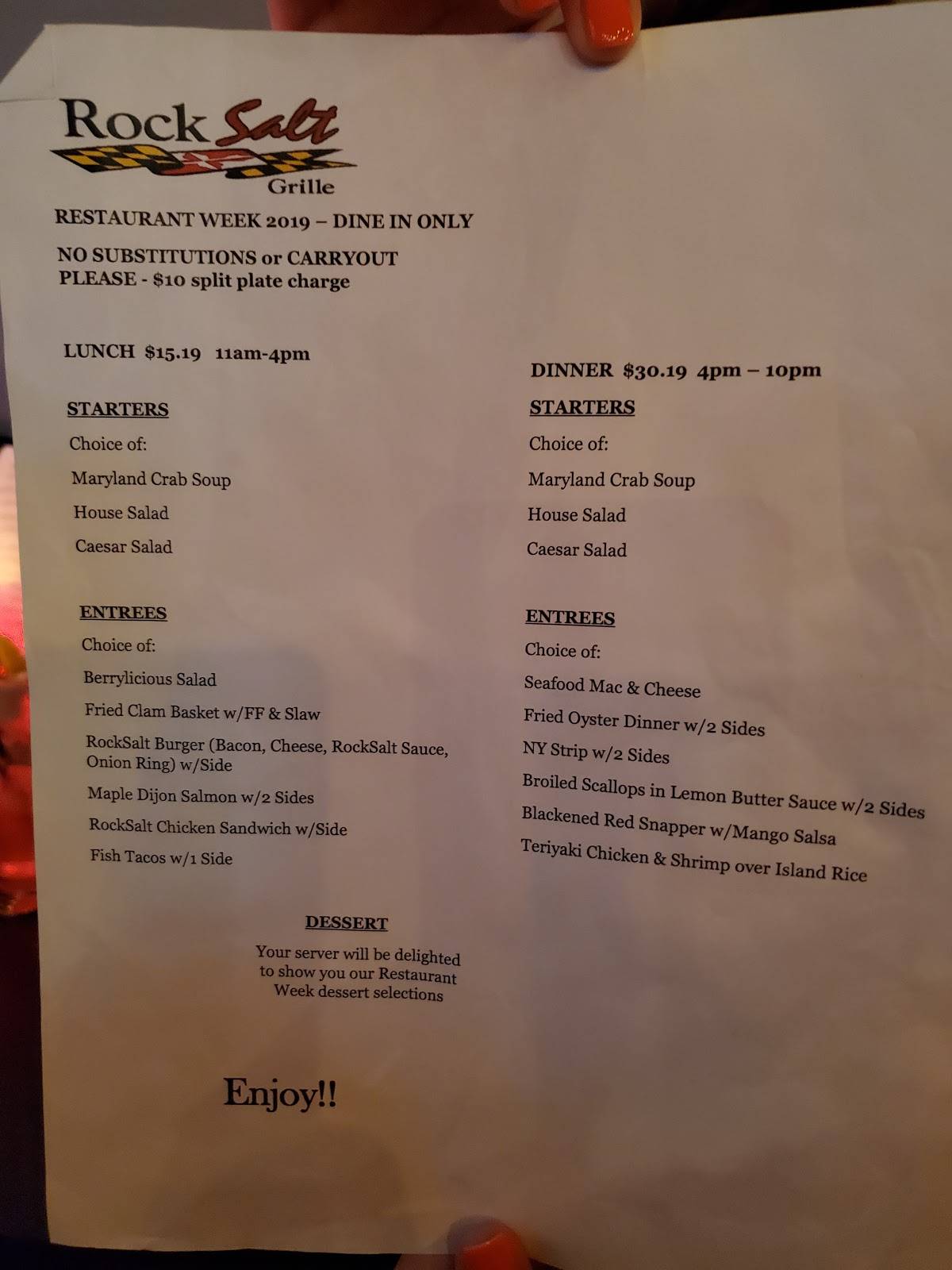 Menu at RockSalt Grille restaurant, Westminster