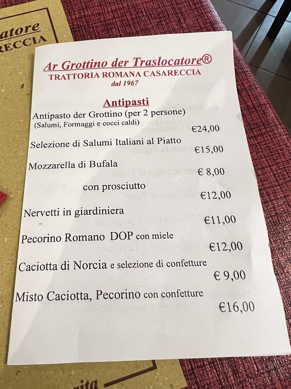 Menu di Ar Grottino der Traslocatore 