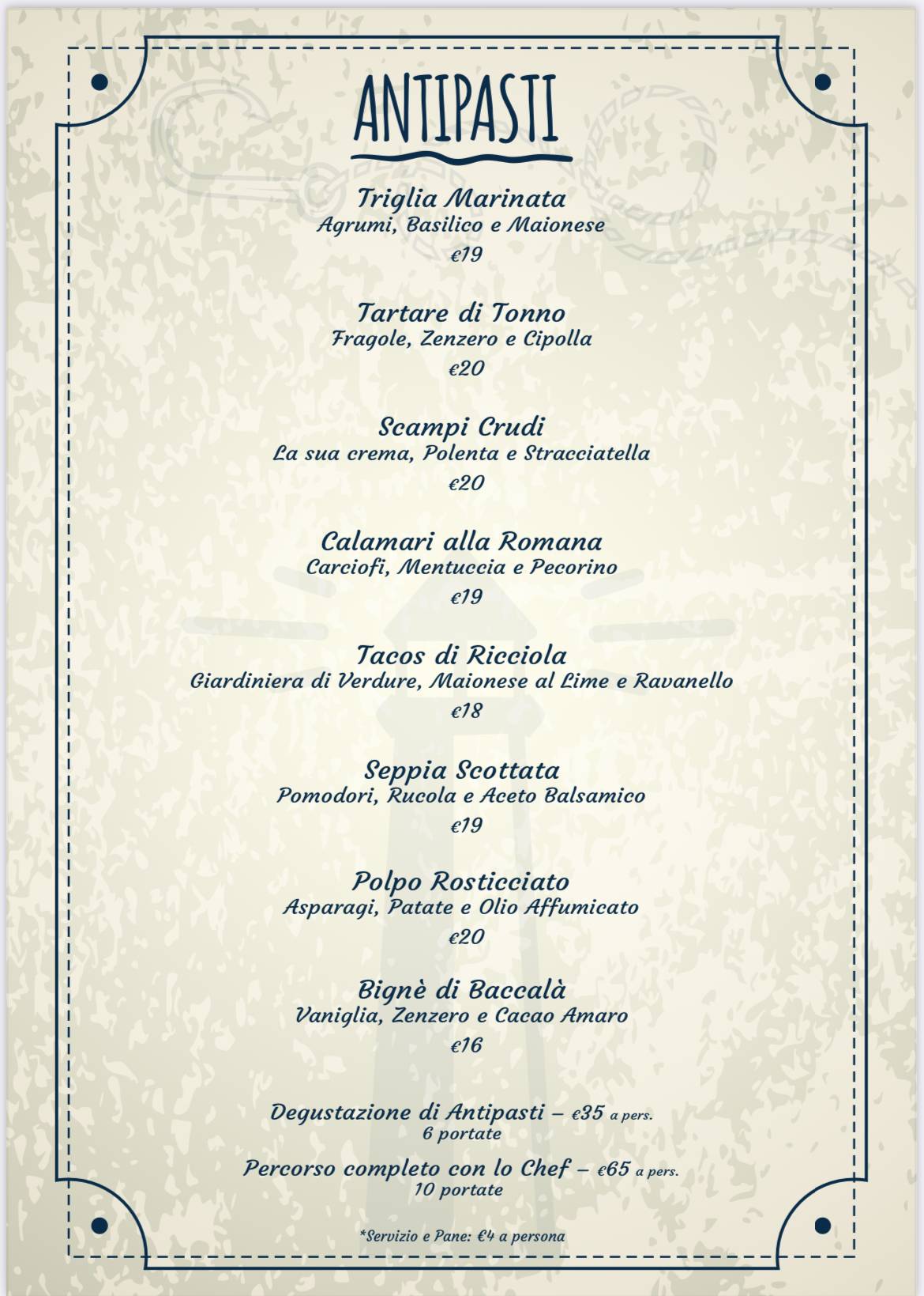 Menu di Porto Quadro ristorante 