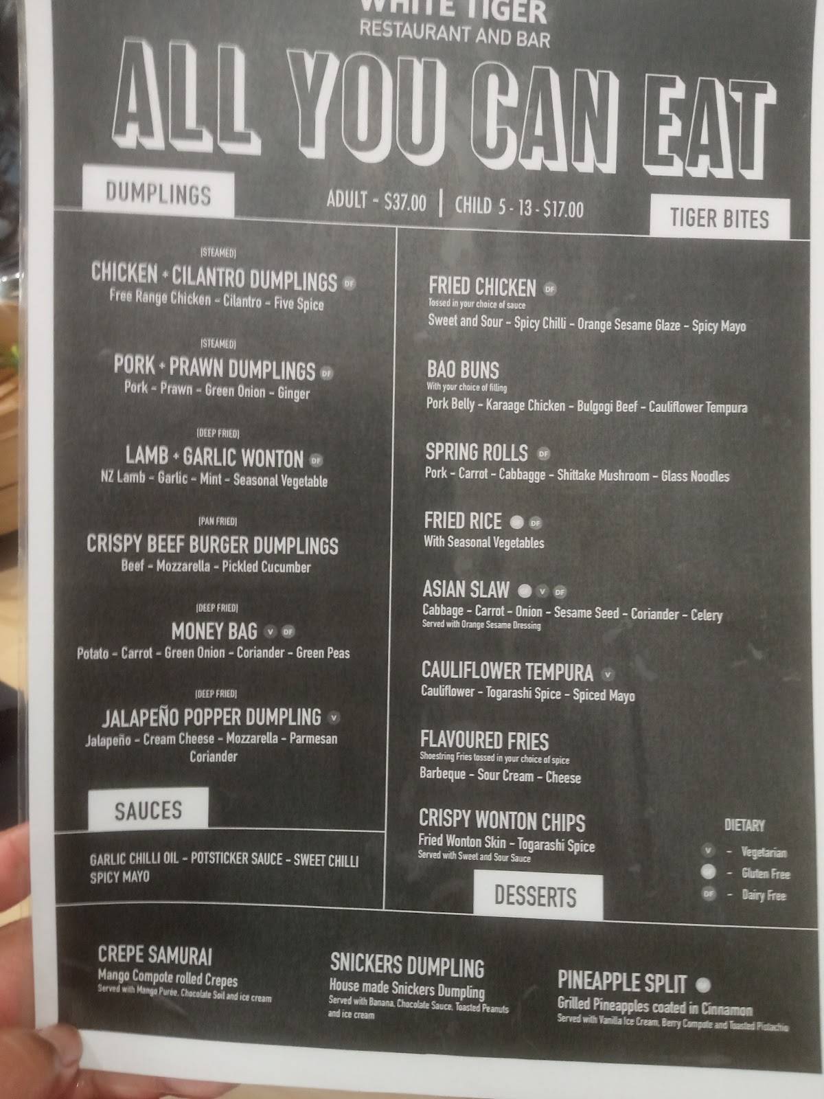 Menu at White Tiger Restaurant & Bar, Rotorua