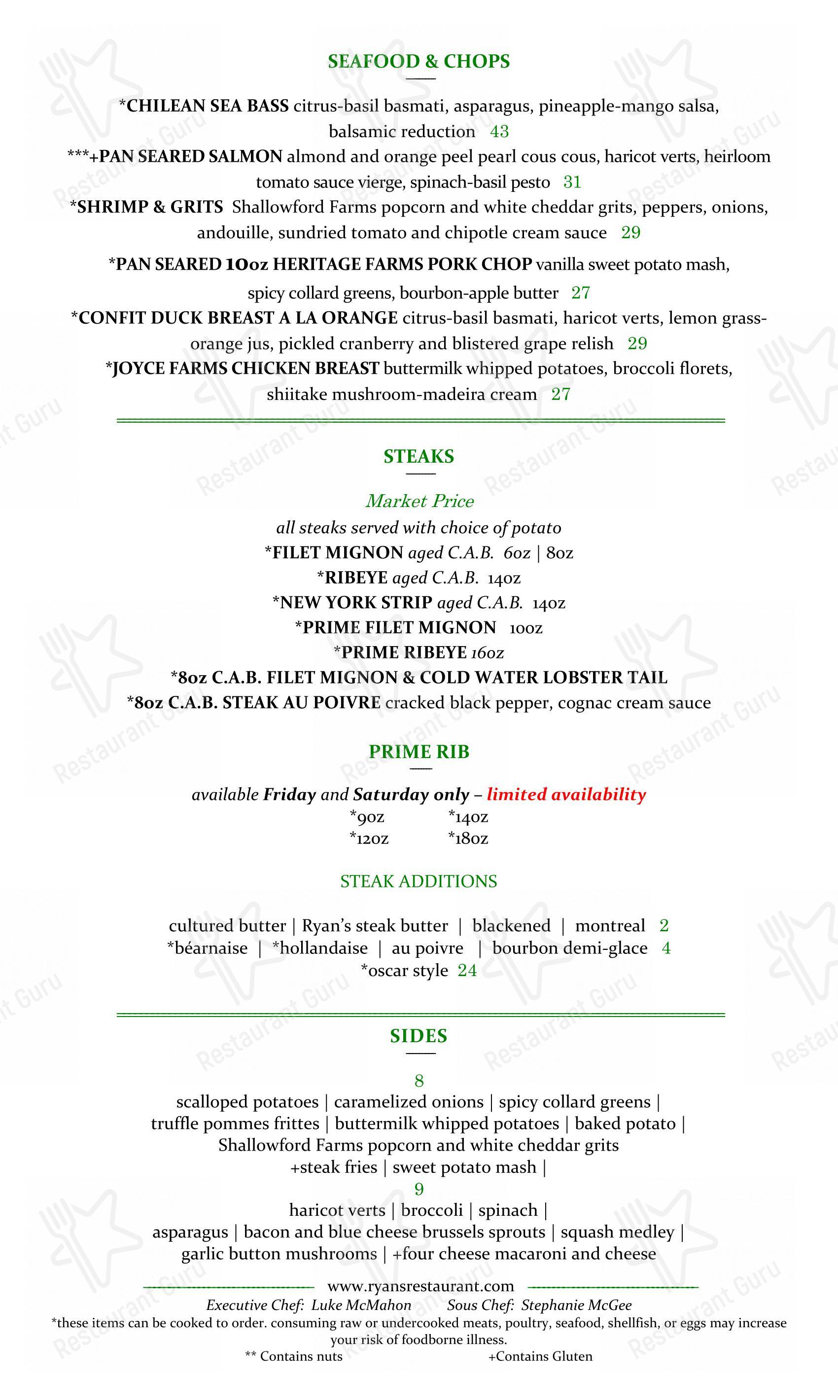 Menu at Ryan's Restaurant, Winston-Salem