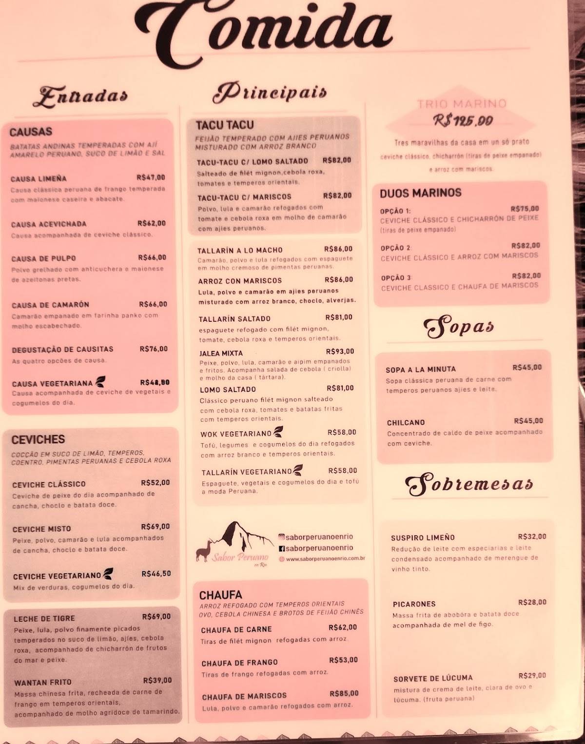 Sabor Peruano en Rio cardápio