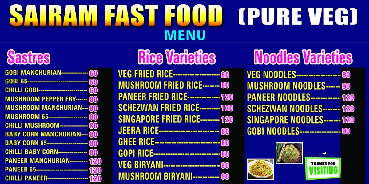Sai ram fast food Pure veg menu