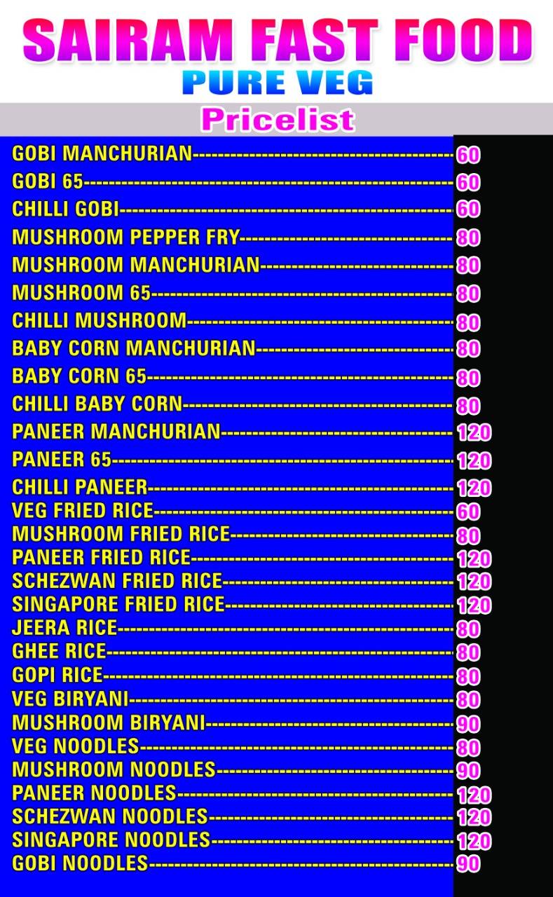 Sai ram fast food Pure veg menu