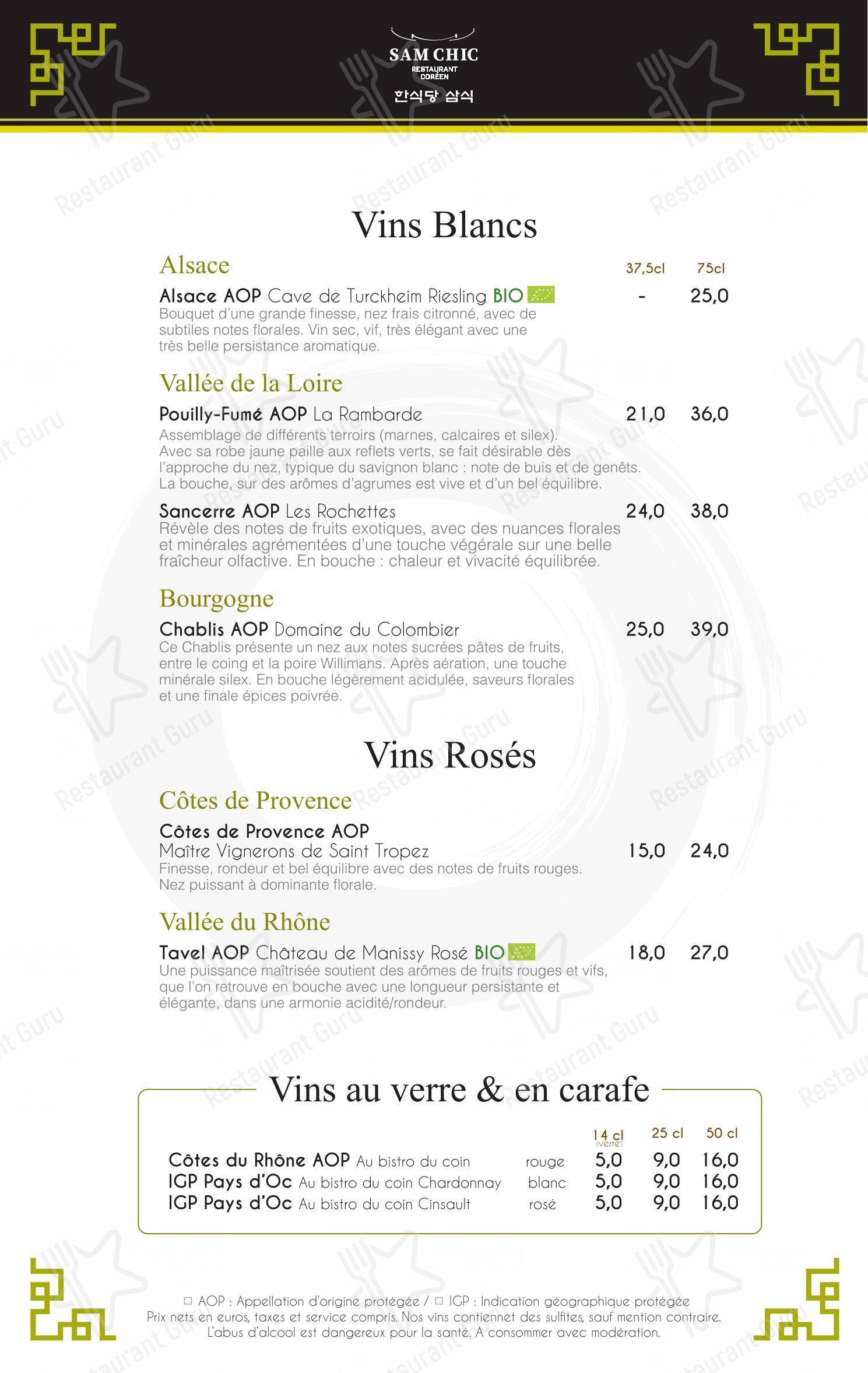 Sam Chic dans Paris - Menu
