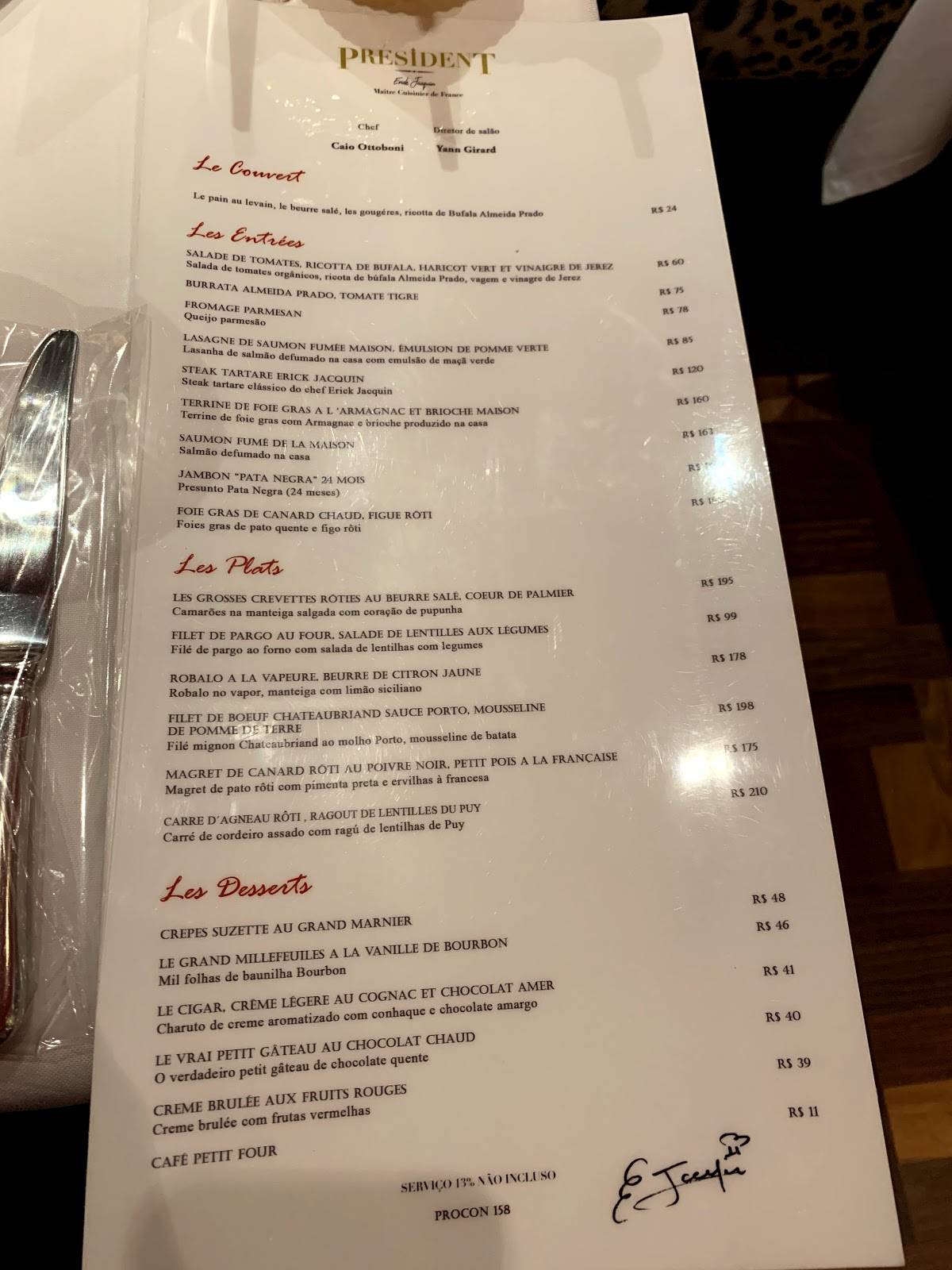 Menu em Restaurante Les Présidents Erick Jacquin, São Paulo