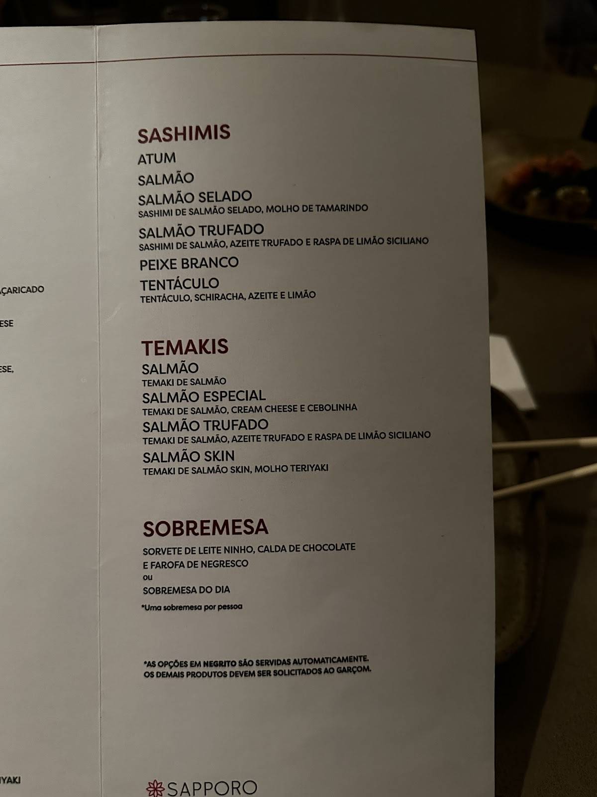 Sapporo cardápio