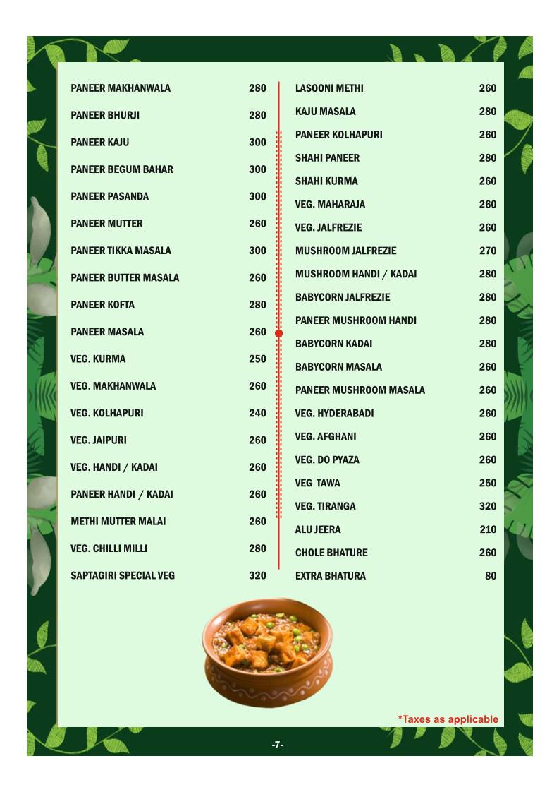 Saptagiri Pure Veg Family Restaurant menu