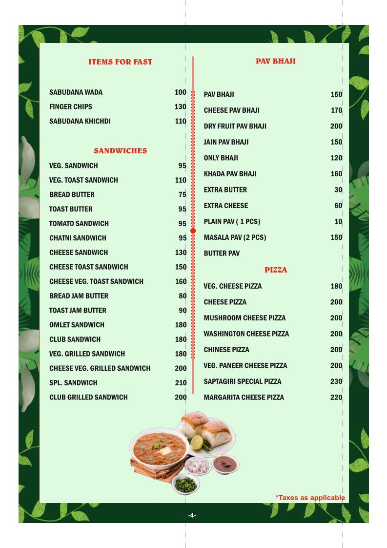 Saptagiri Pure Veg Family Restaurant menu