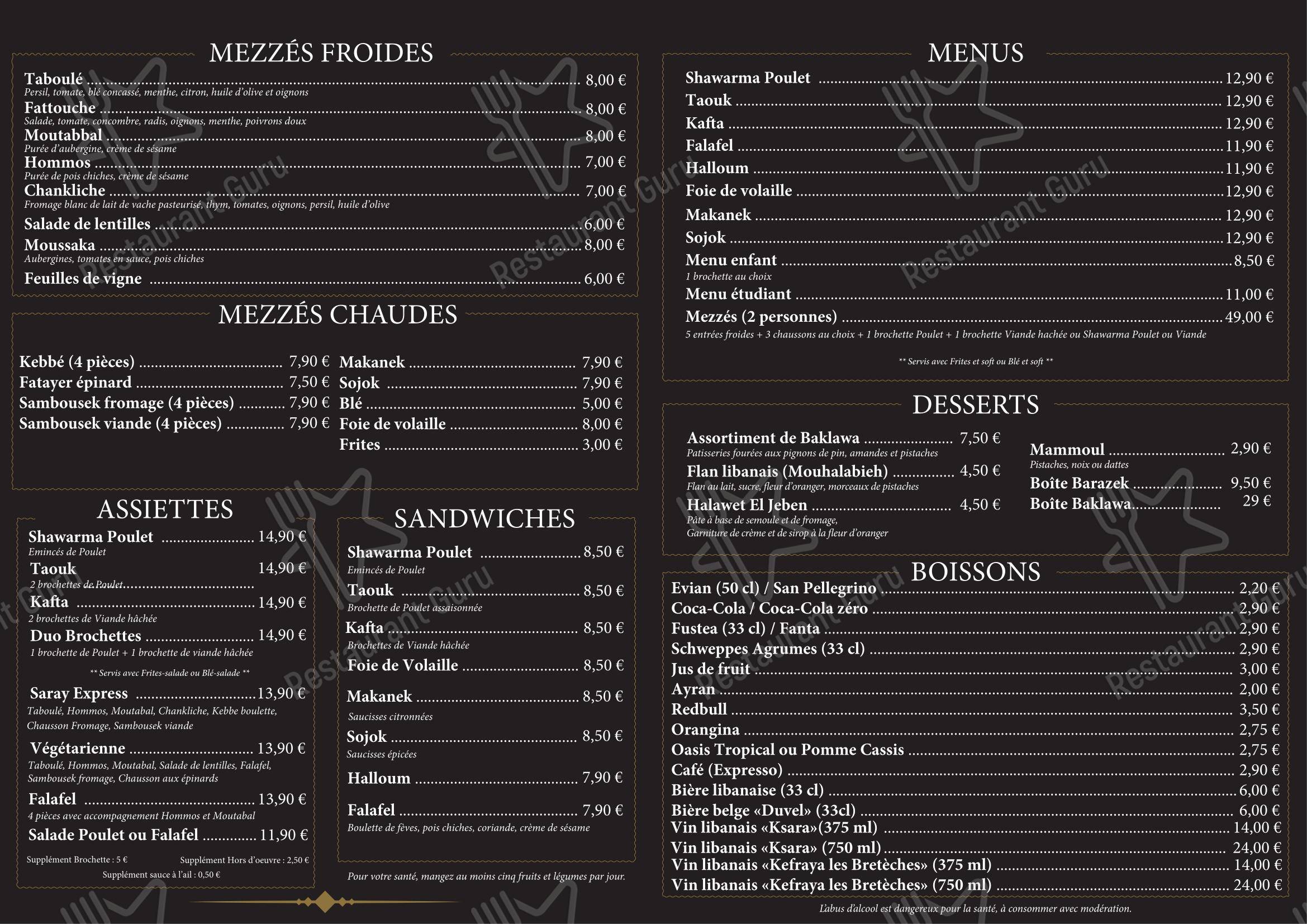 Menu pour Saray Express Lille dans Lille