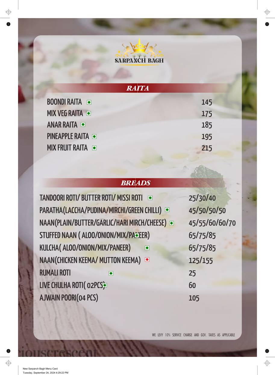Sarpanch Bagh - A Modern Village Restaurant menu