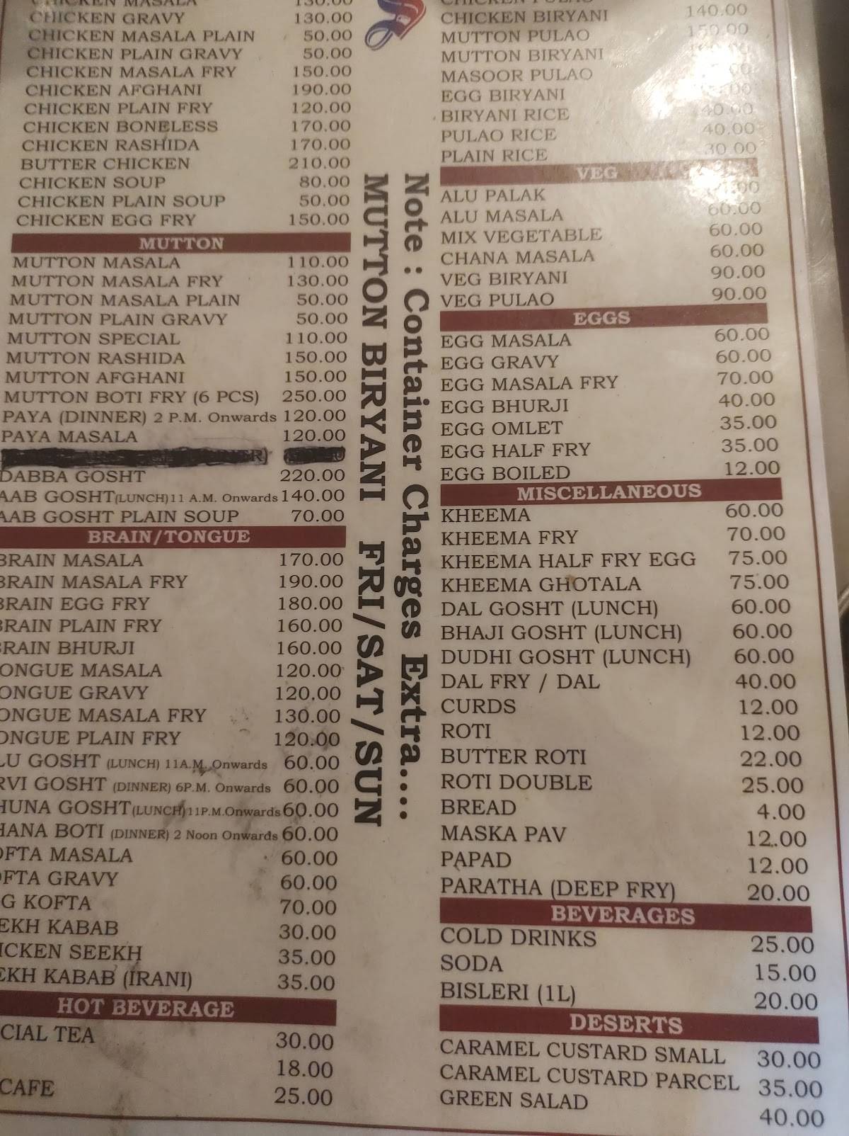 Menu at Sarvi Restaurant, Mumbai