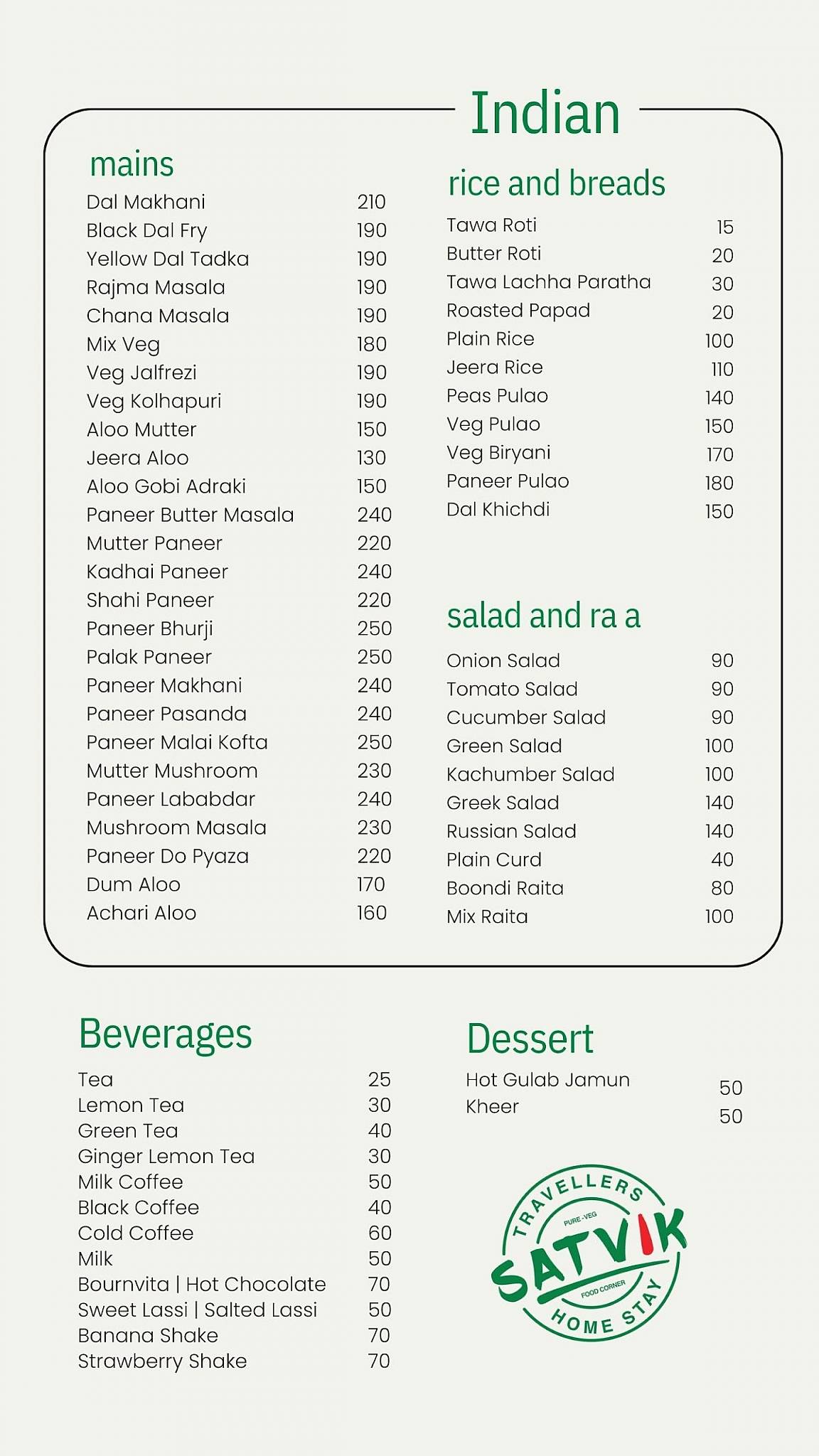 Satvik Food Corner and Home Stay menu