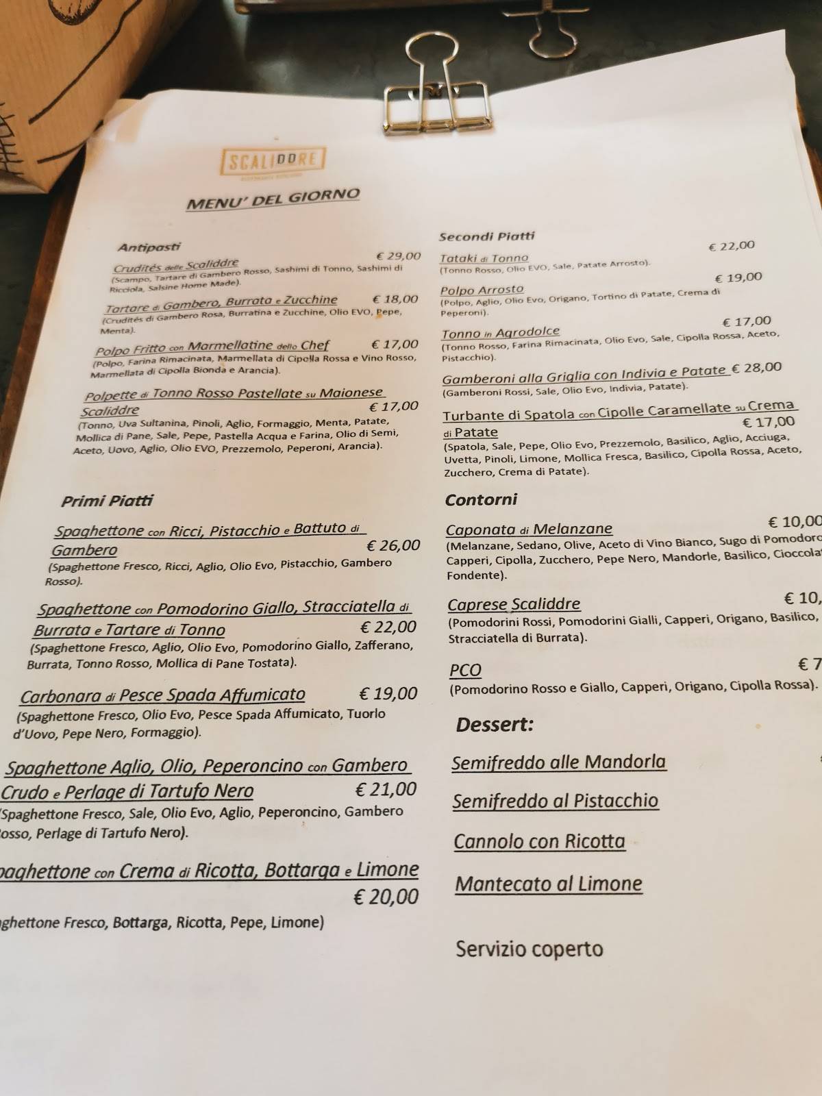 Menu di Scaliddre Ristorante Siciliano 