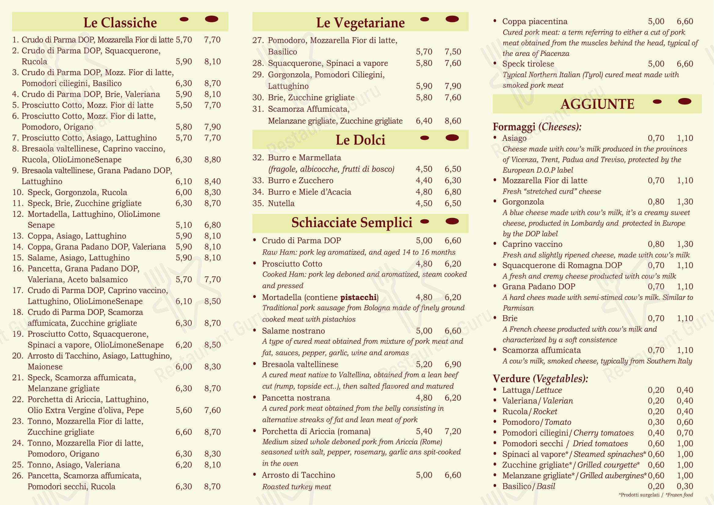 Menu per Schiaccia in Ferrara