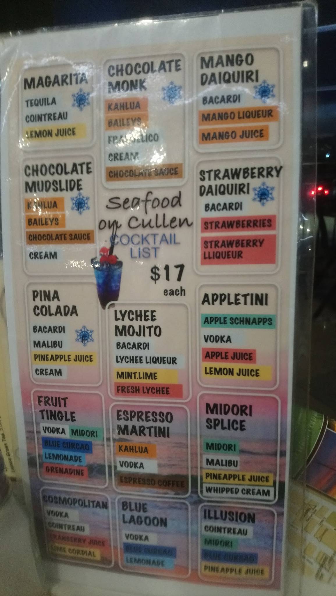Menu at Seafood on Cullen restaurant, Larrakeyah