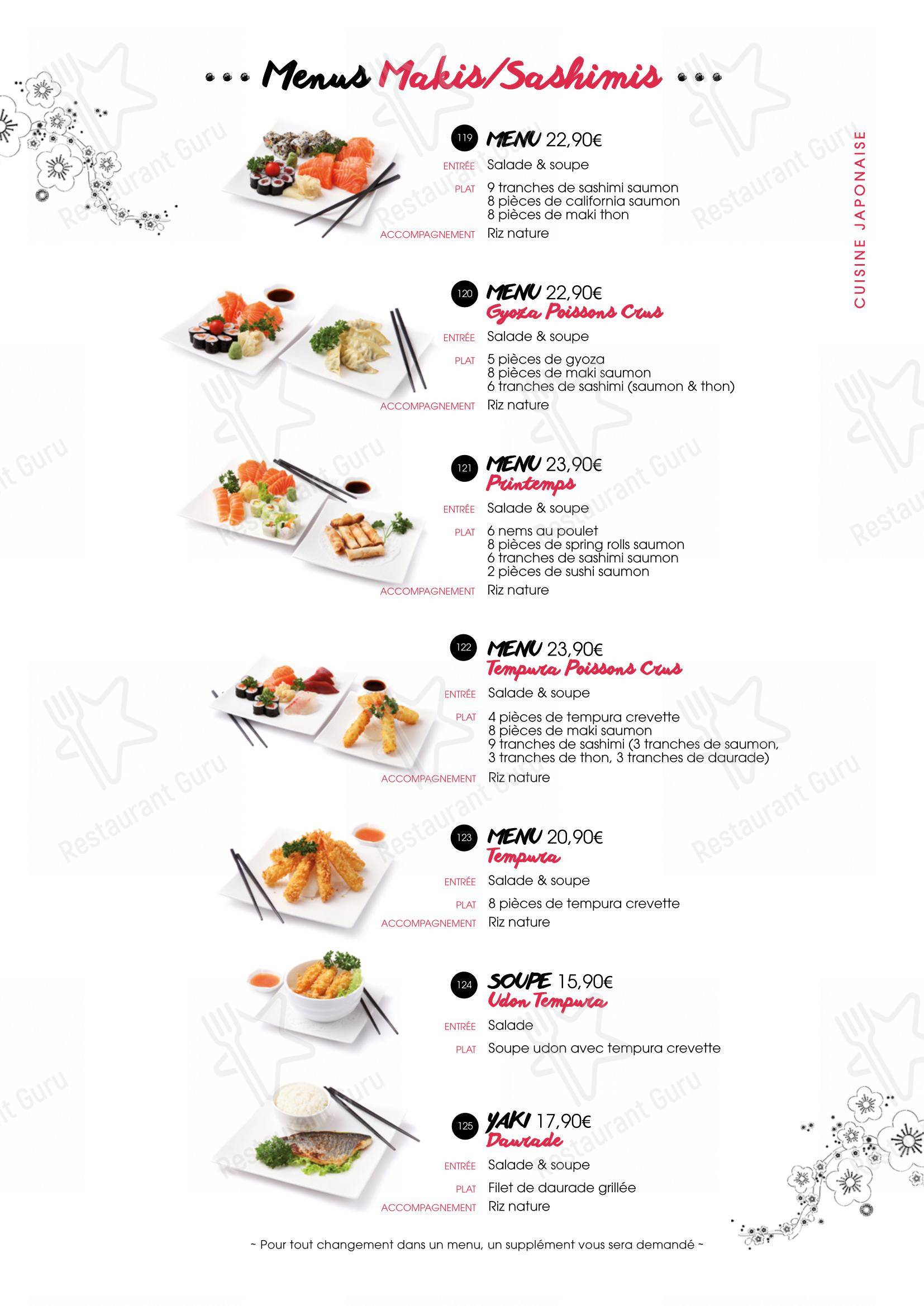 Menu pour SenSushi - Menu