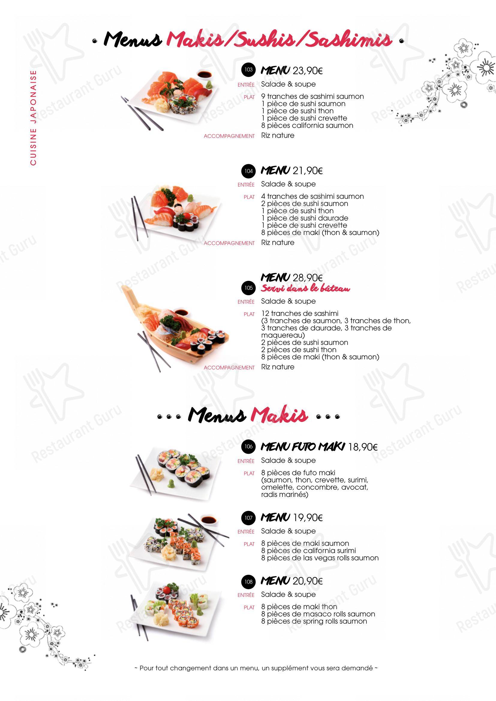 Menu pour SenSushi - Menu