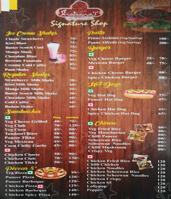 Shabana's Bakery & Cafe menu