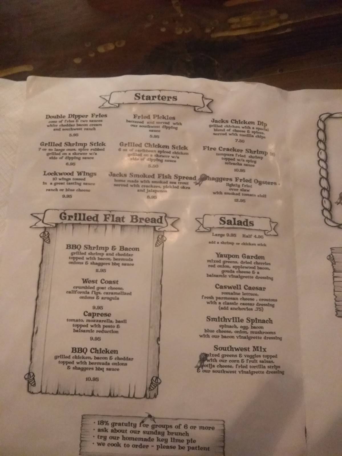 Menu at Shagger Jacks restaurant, Oak Island