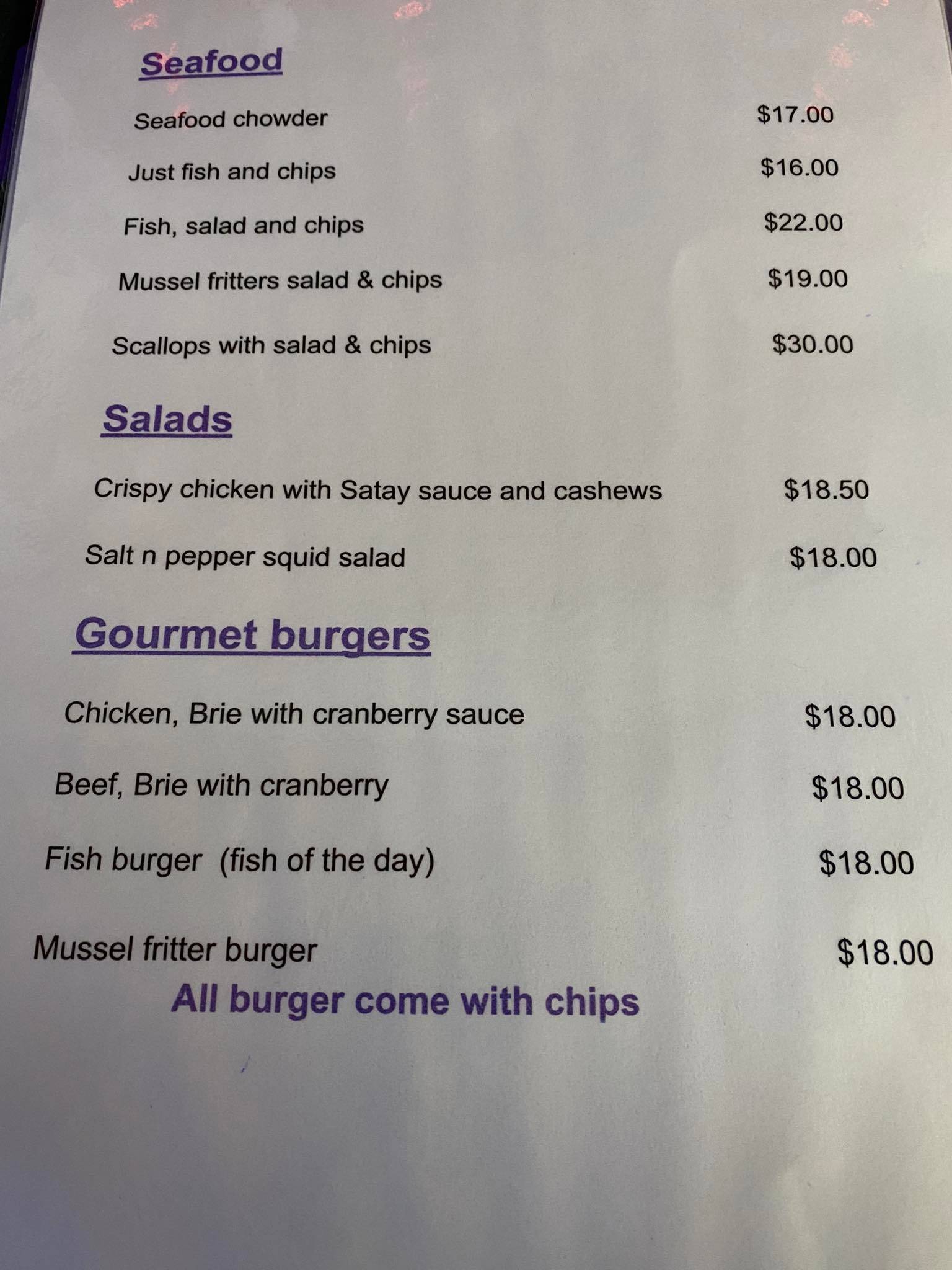 Menu at Sharkeys restaurant, Baylys Beach