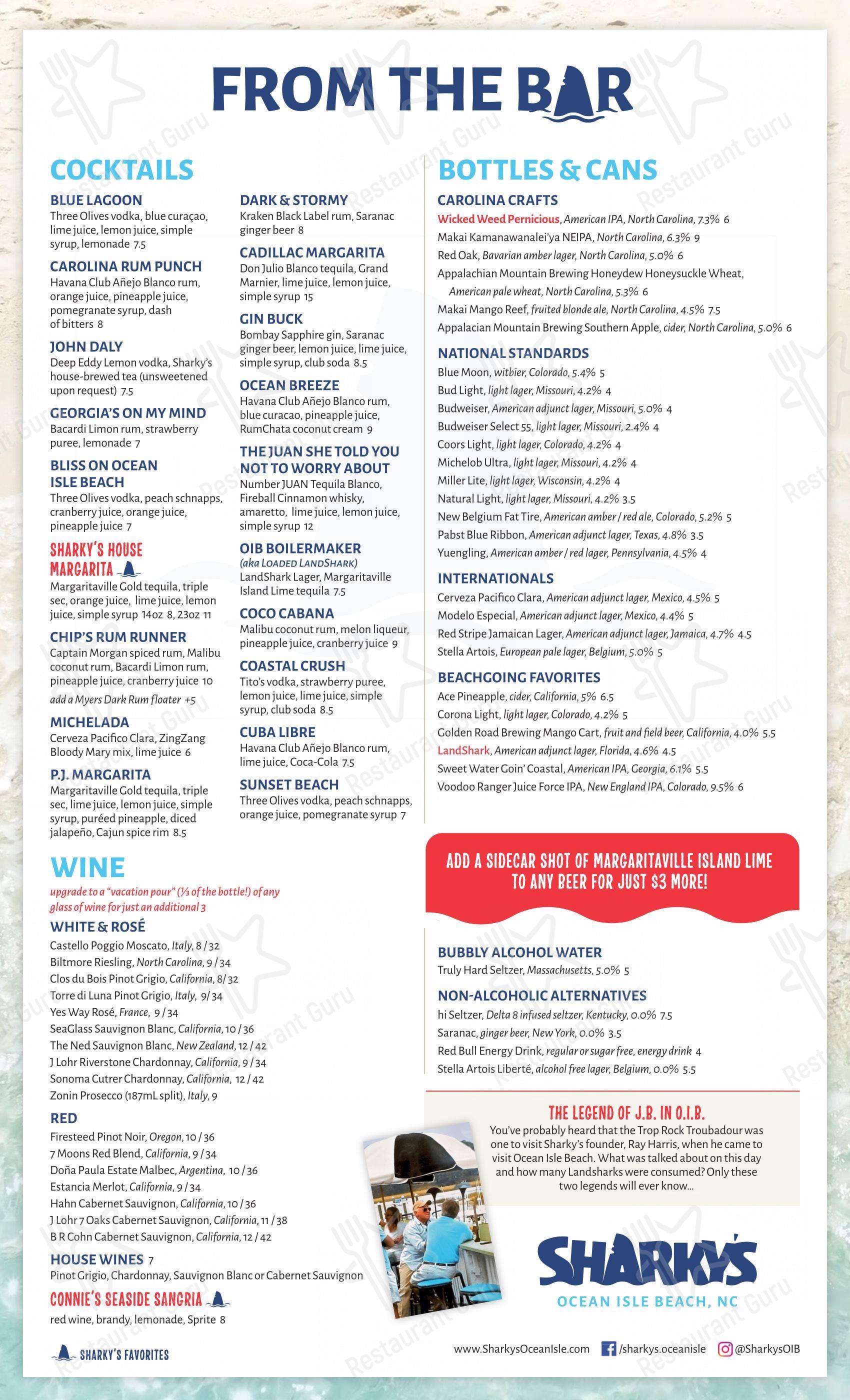 Menu at Sharky's Waterfront Bar & Grill, Ocean Isle Beach, 61 Causeway Dr