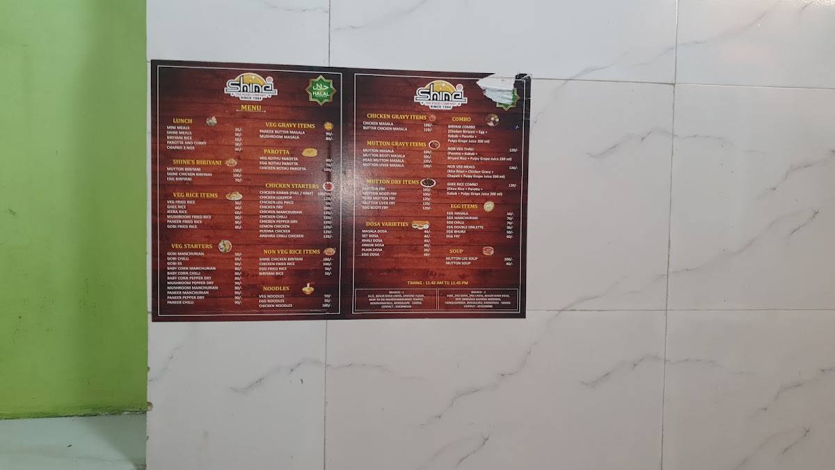Shine Restaurant hongasandra menu