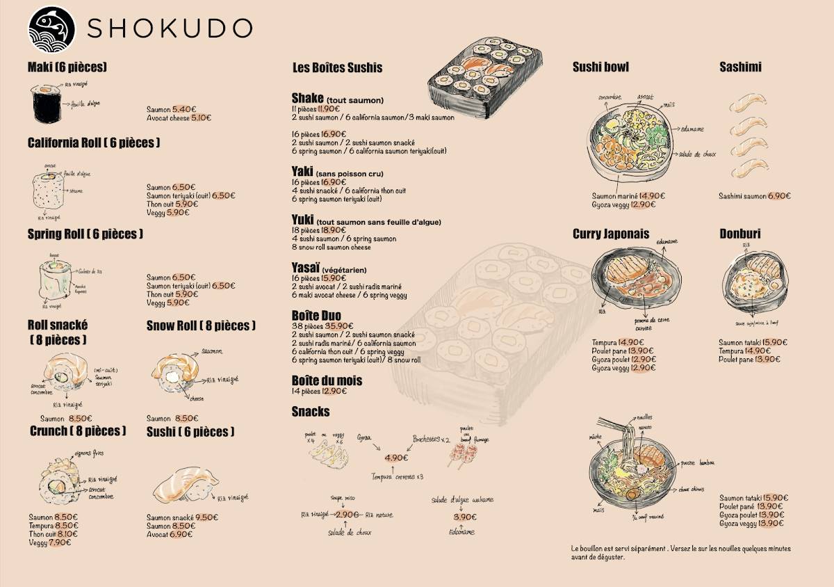 Menu de Shokudo Rond Point de Rennes