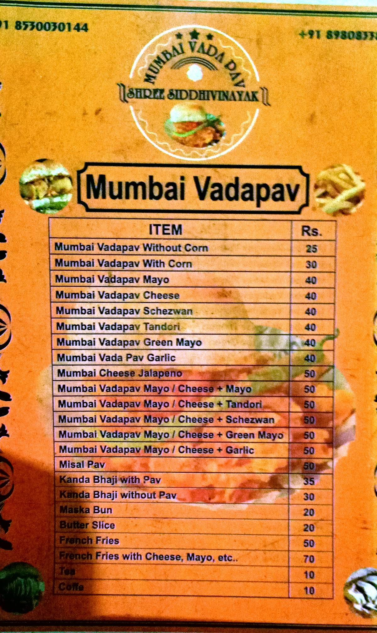 Shree Siddhivinayak Mumbai Vada Pav menu