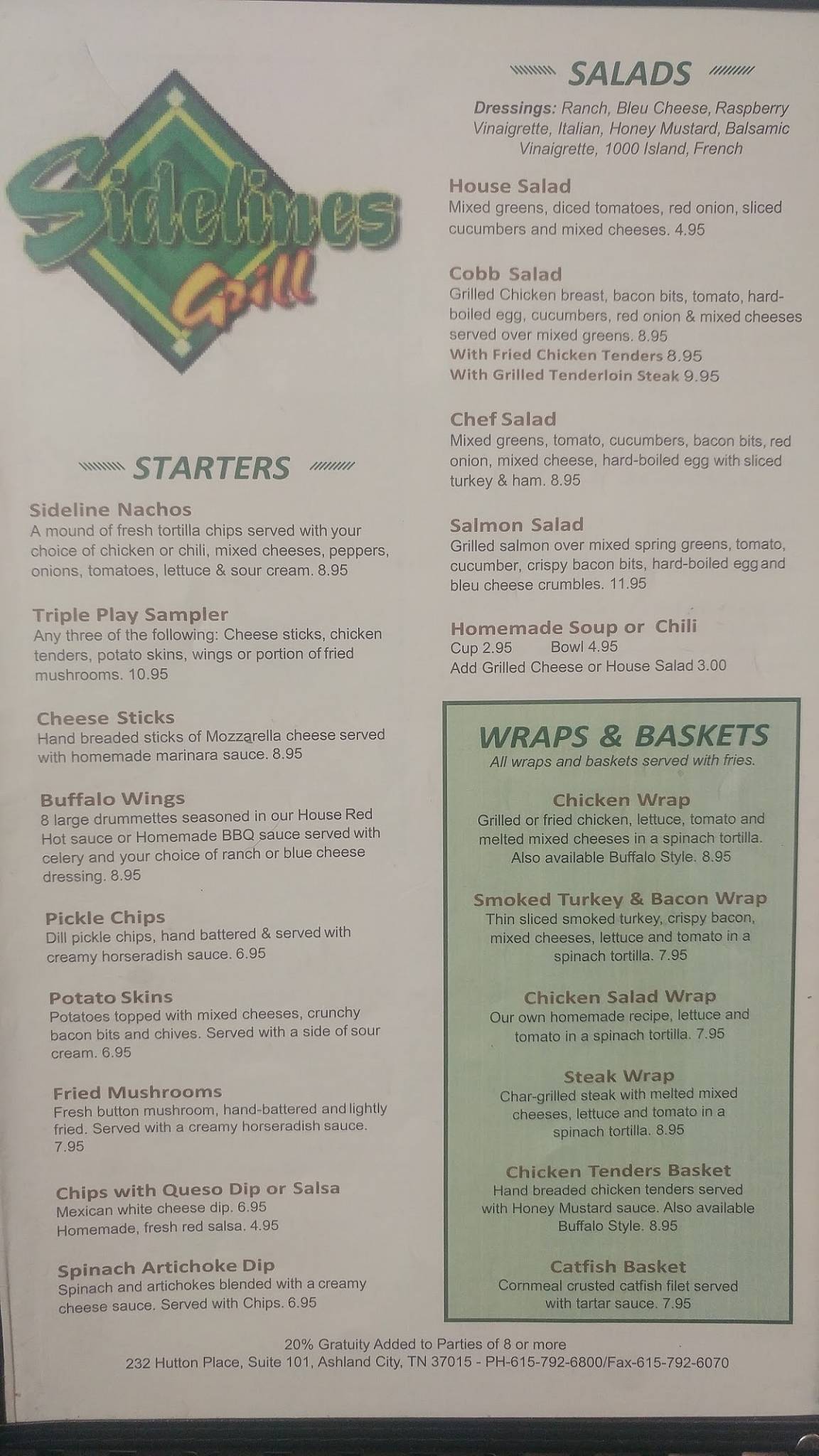 Menu at Sidelines Grill Ashland City pub & bar, Ashland City, 232 Hutton Pl UNIT 101