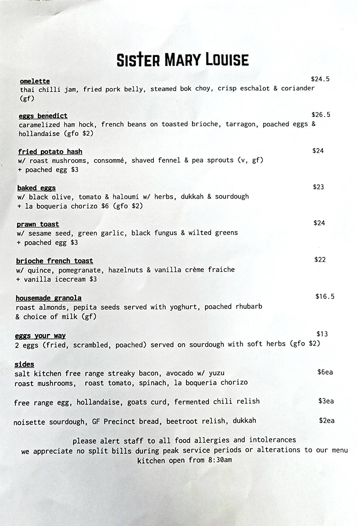 Menu at Sister Mary Louise cafe, Healesville