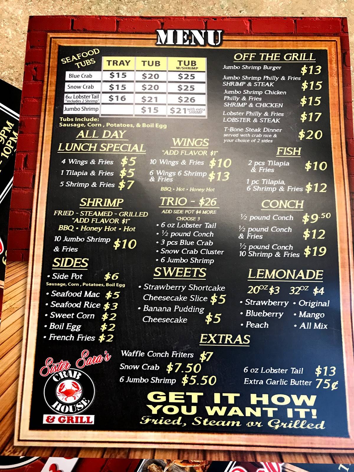 Menu at Sister Sara Crab House restaurant, Fort Lauderdale